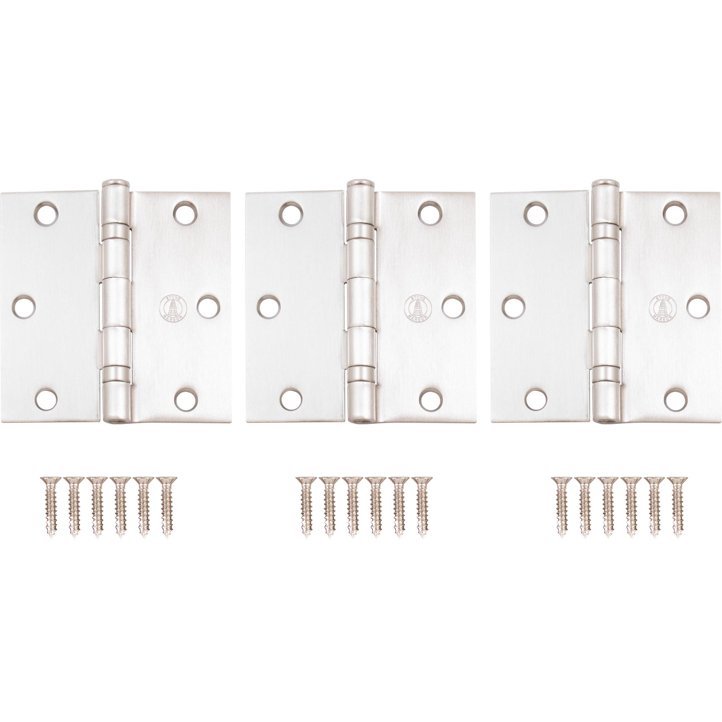 Stone Harbor Hardware 3-1/2" Ball-Bearing Door Hinges, Square Corner, Satin Nickel, 3-Pack