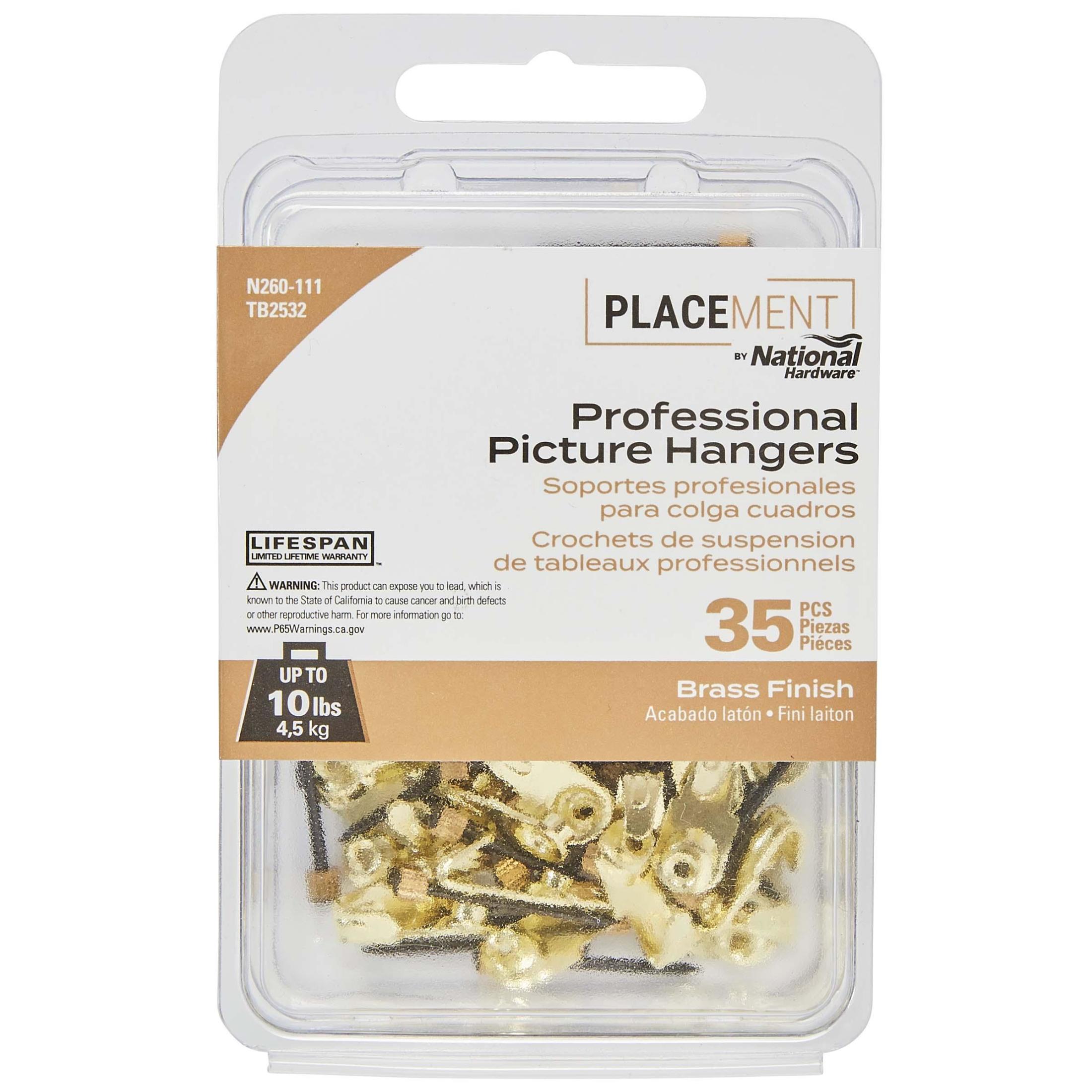 National Hardware - N260-111 TB2532-10 Professional Premium Picture Hangers with 10 lb Weight Capacity - Brass, 35 pack
