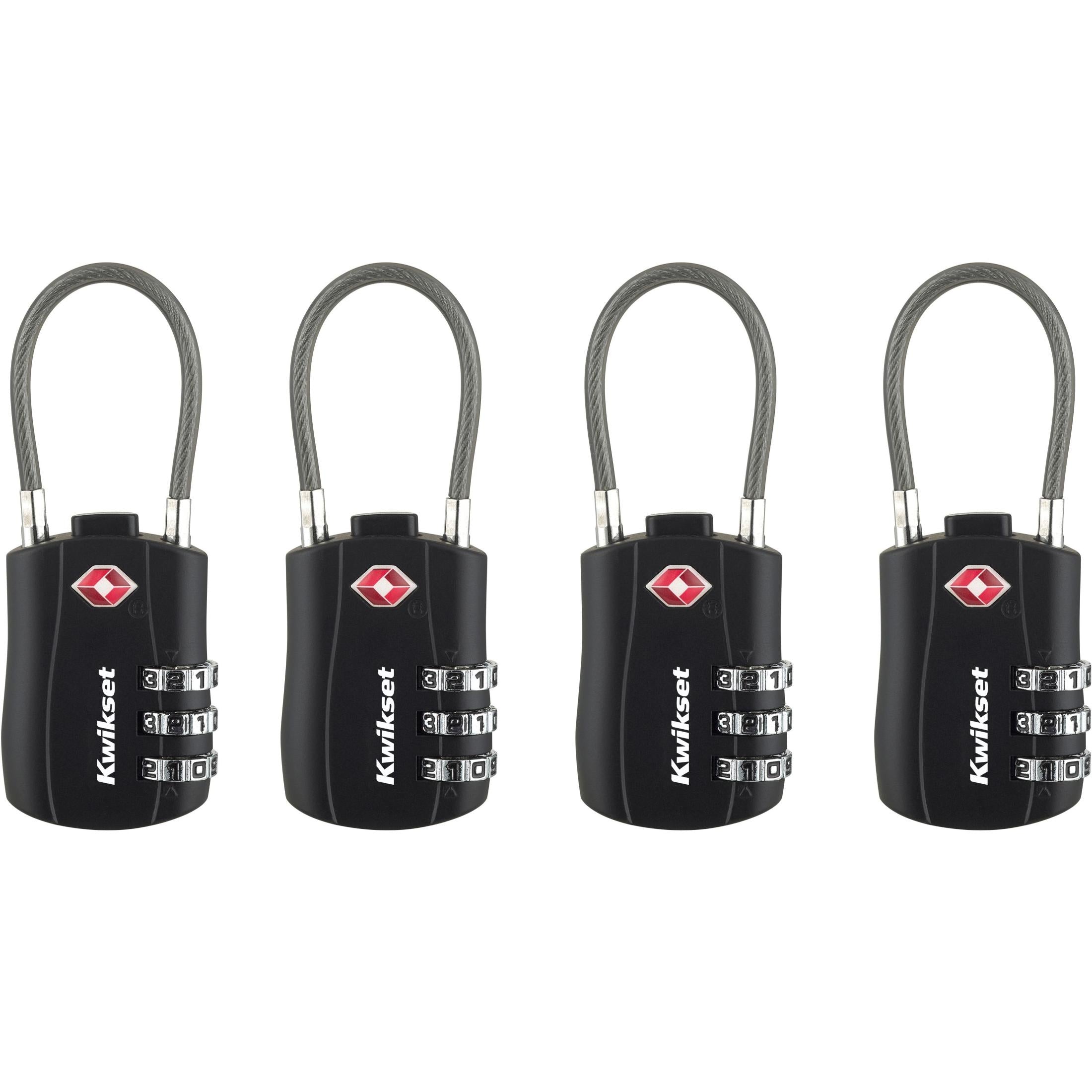 Kwikset 1-3/16" TSA Cable Combination Padlock with 1-1/2" Shackle, 4-Pack, Black