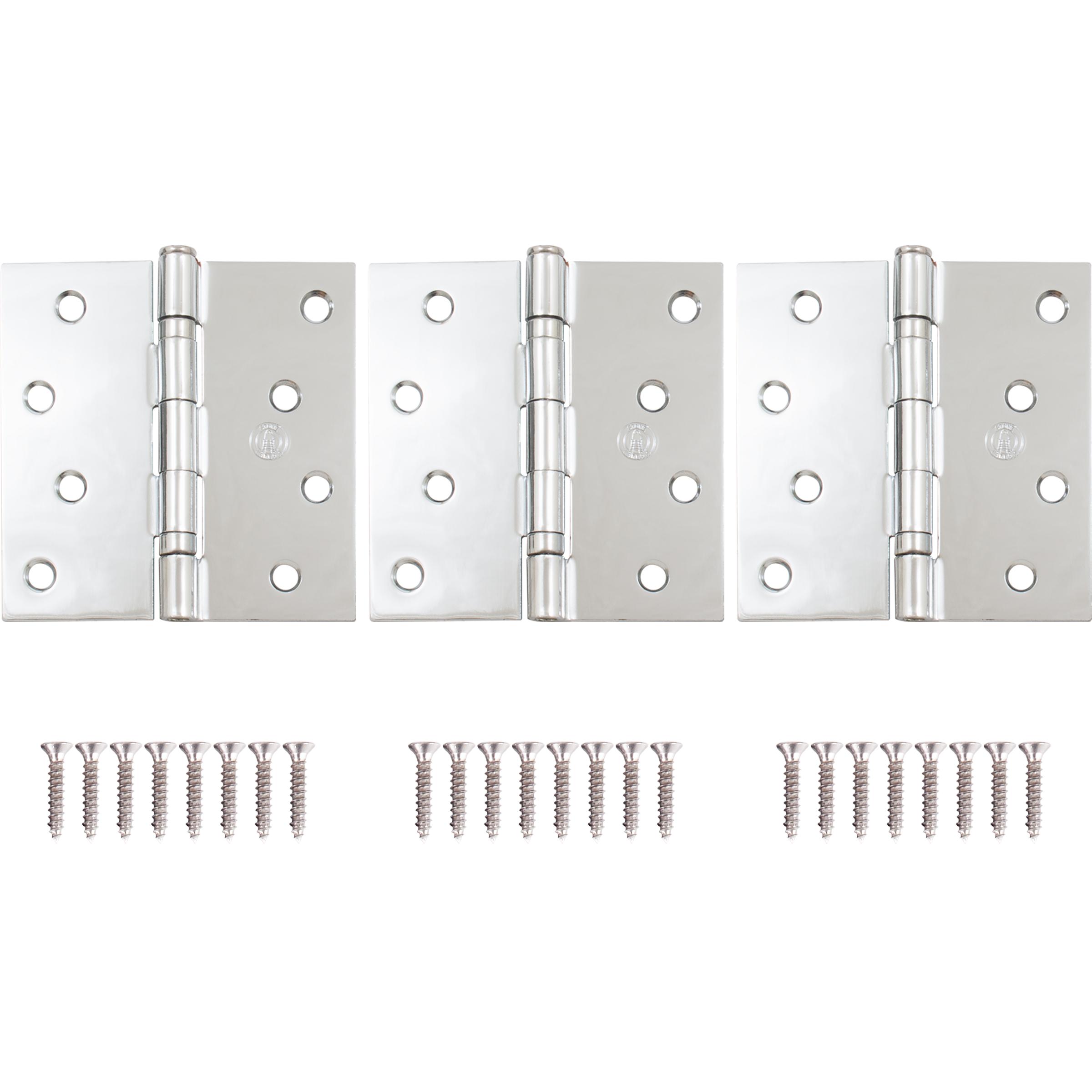 Stone Harbor Hardware 4" Ball-Bearing Door Hinges, Square Corner, Polished Chrome, 3-Pack