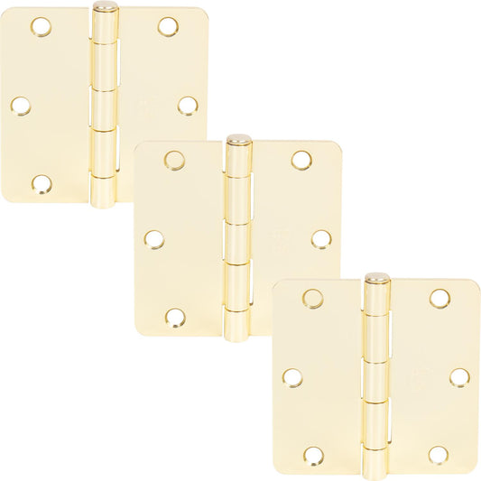 Stone Harbor Hardware 3-1/2" Door Hinges, 1/4" Radius Corner, Polished Brass, 3-Pack