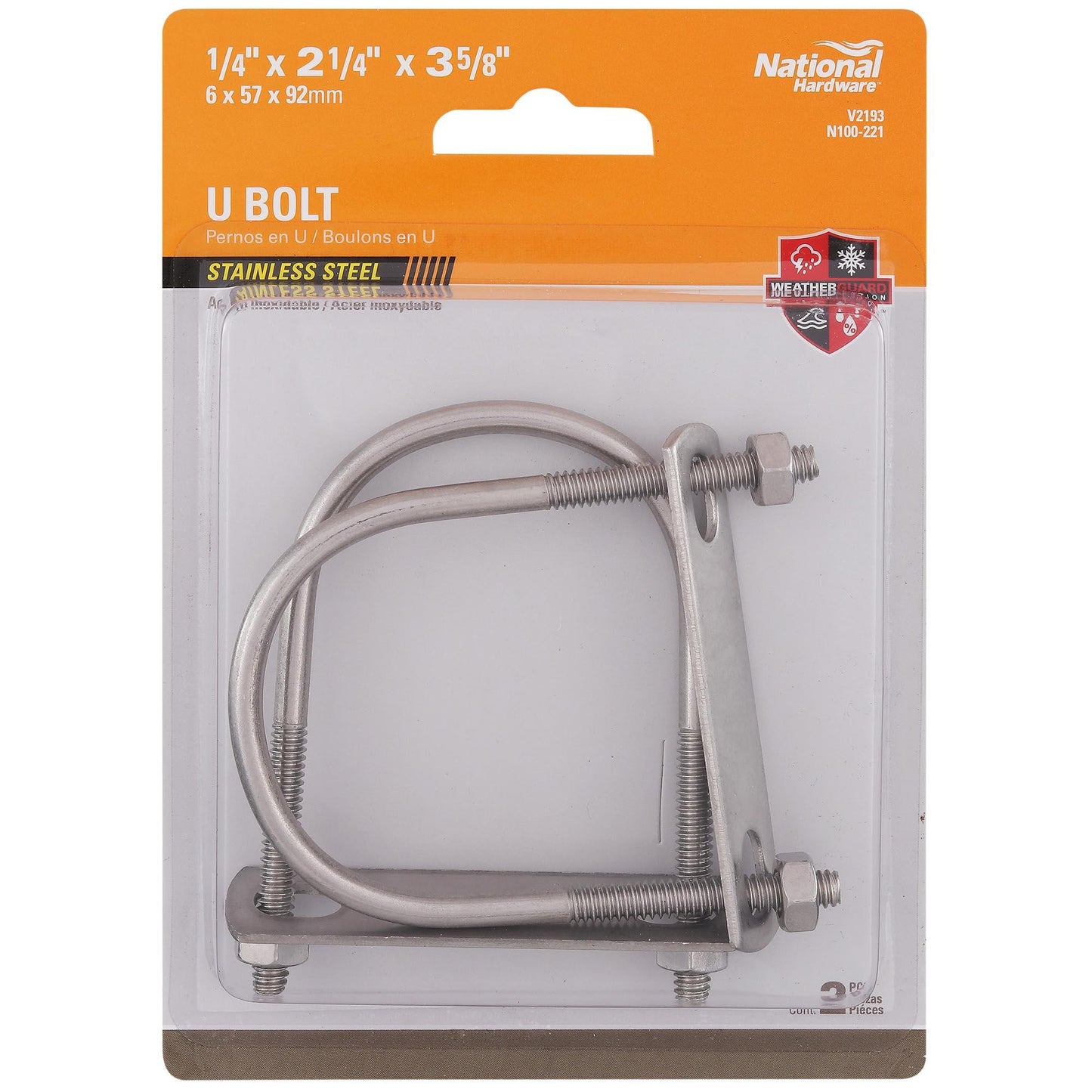 V2193 1/4" x 2-1/4" x 3-5/8" U-Bolt 2/pk - Stainless steel