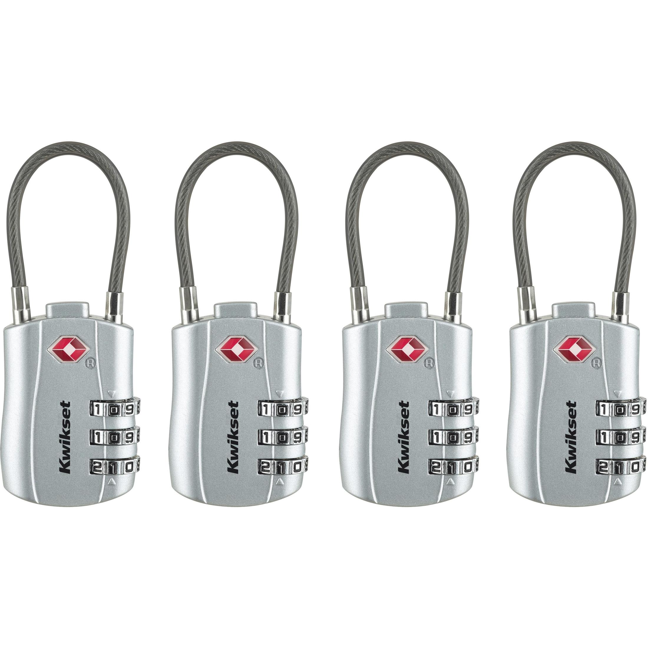Kwikset 1-3/16" TSA Cable Combination Padlock with 1-1/2" Shackle, 4-Pack, Silver