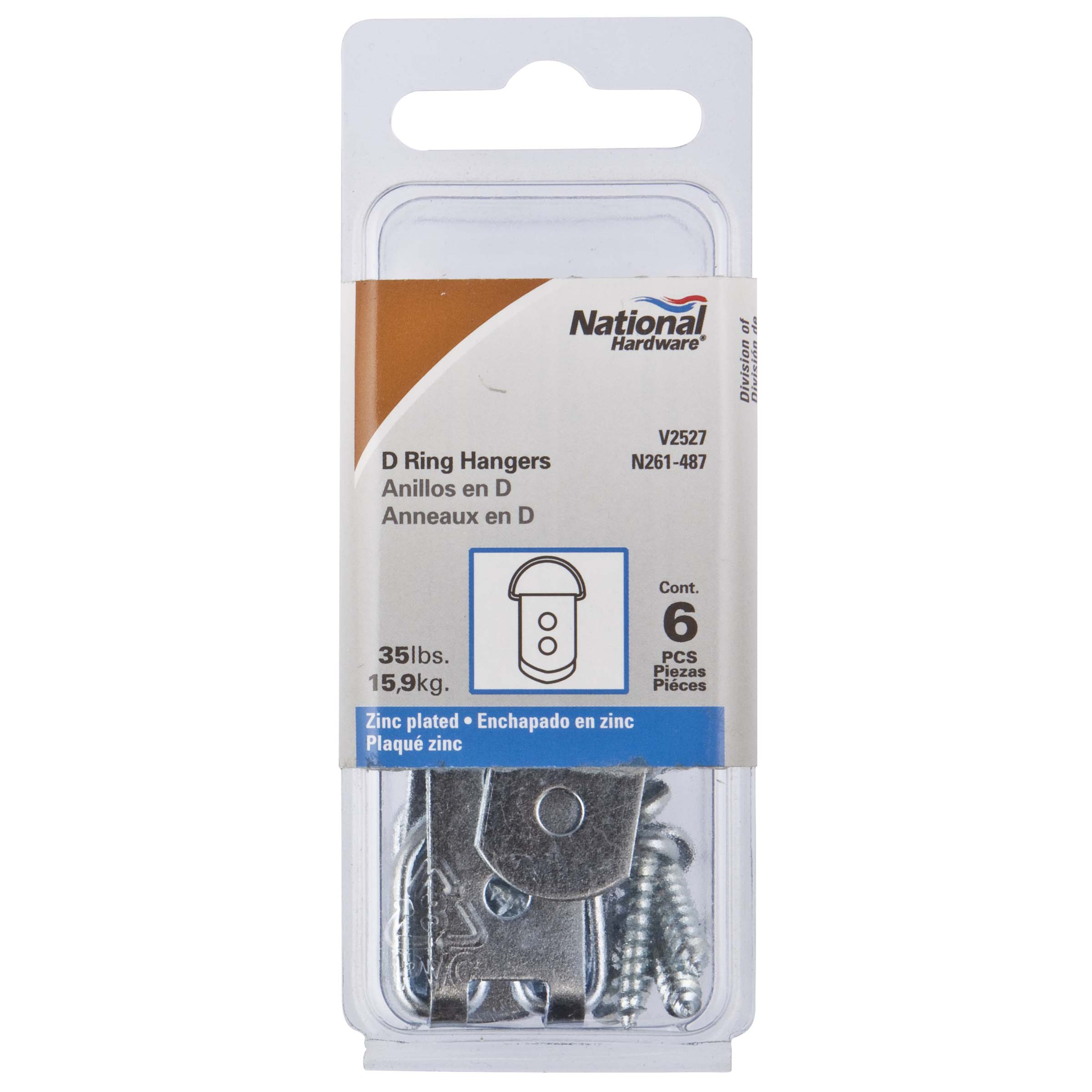 V2527 D-Ring Hangers with 35 lb. Weight Capacity, 6/pk - Zinc