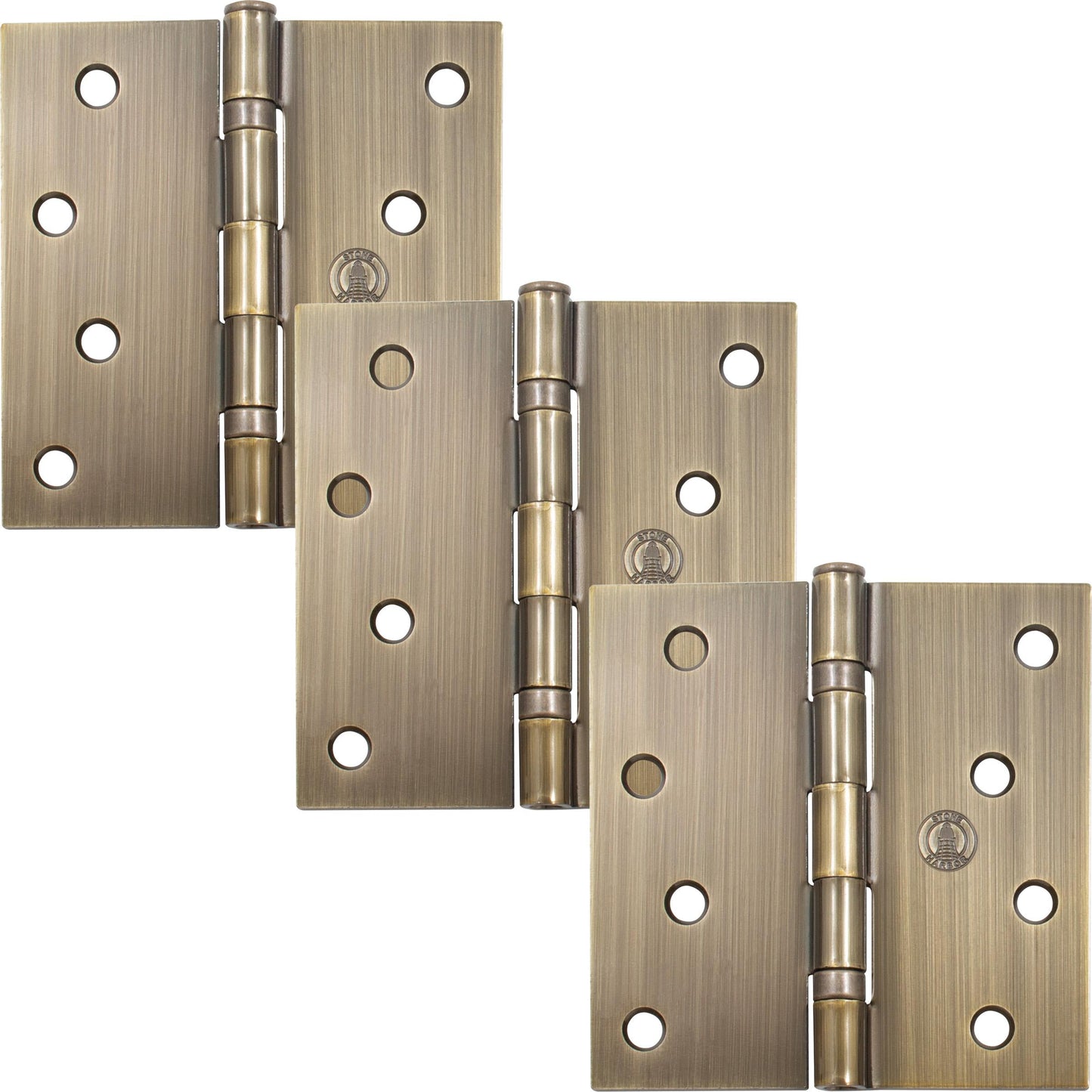 Stone Harbor Hardware 4" Ball-Bearing Door Hinges, Square Corner, Antique Brass, 3-Pack