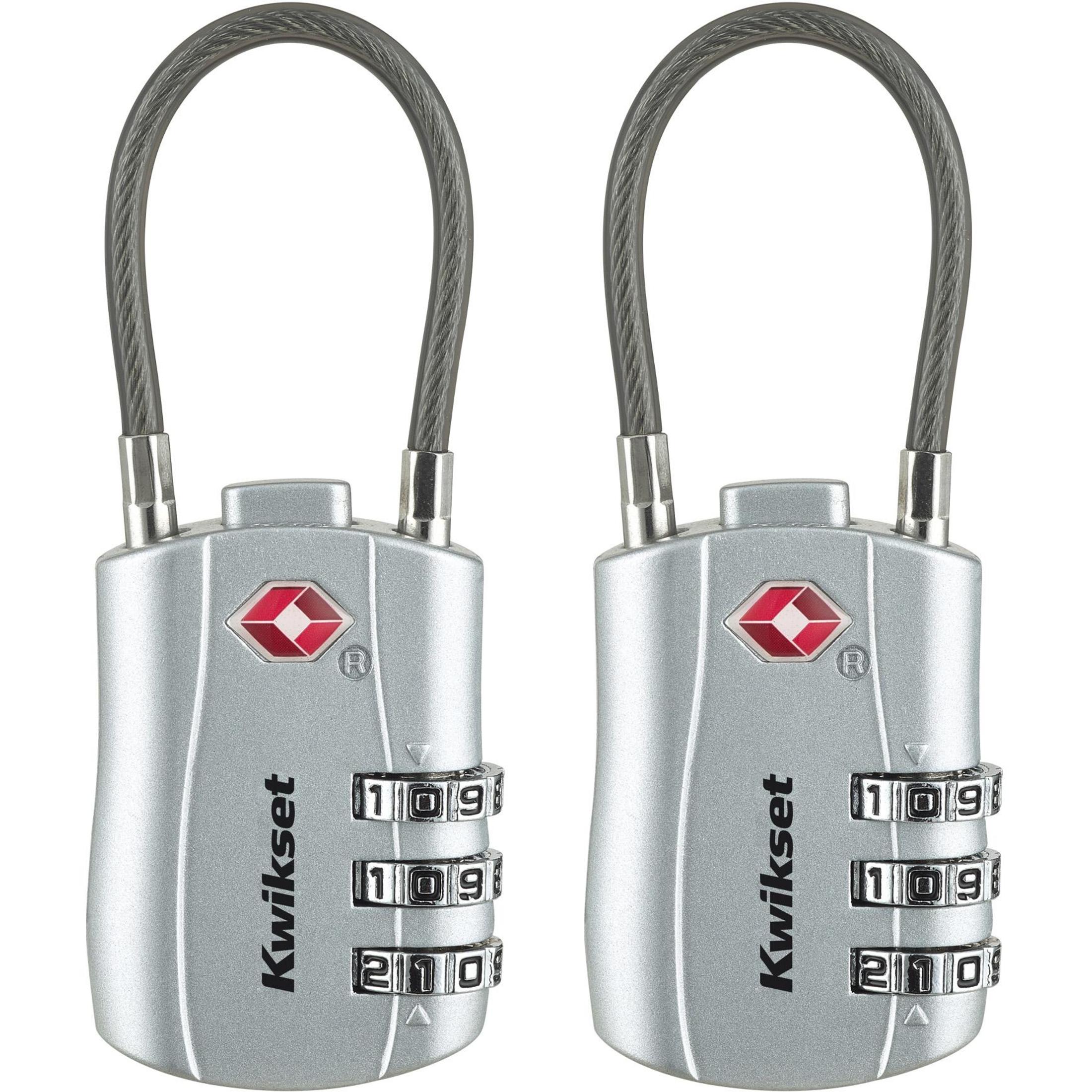 Kwikset 1-3/16" TSA Cable Combination Padlock with 1-1/2" Shackle, 2-Pack, Silver