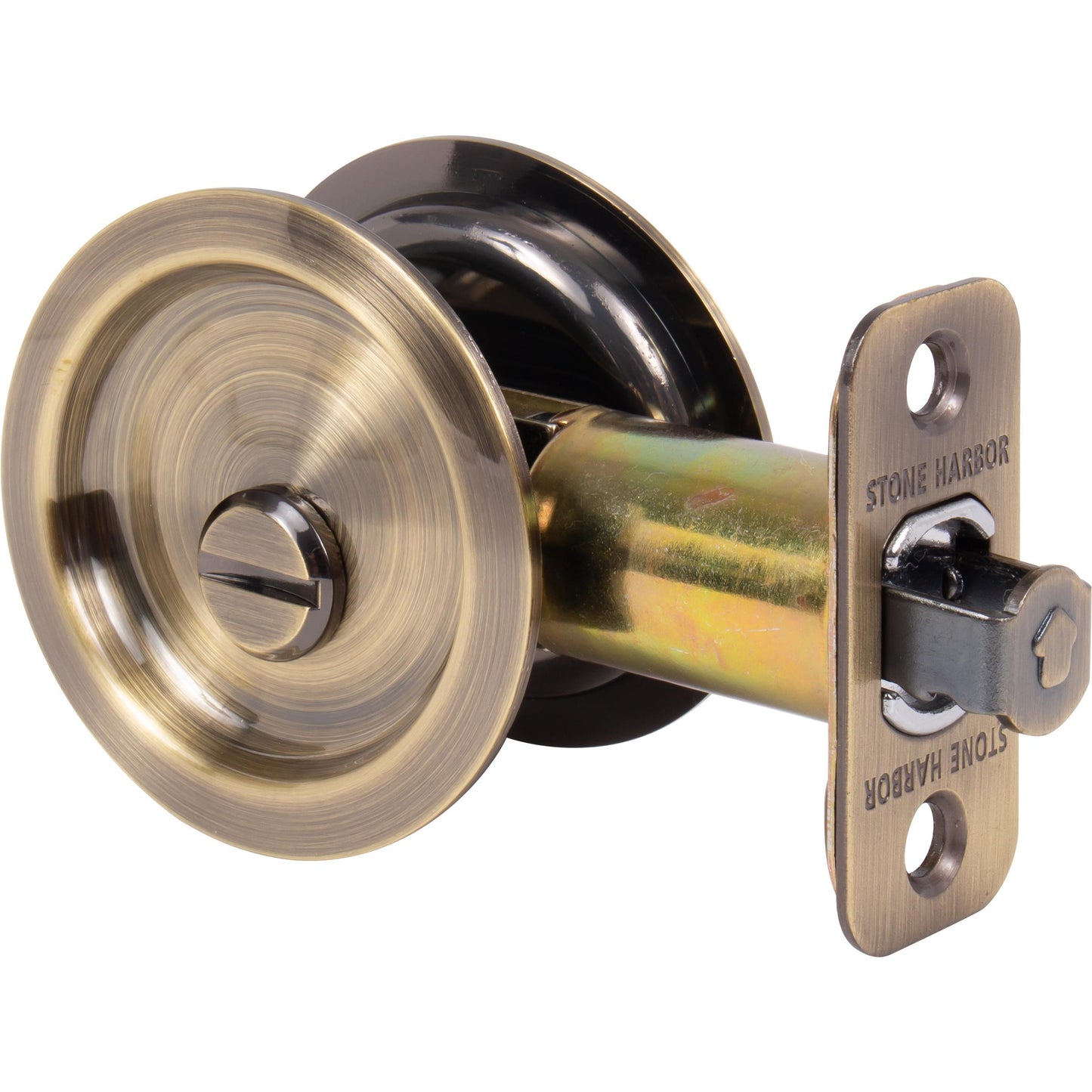 Stone Harbor Hardware Round Pocket Door Lock, Privacy Function, 2-3/8" Backset, Antique Brass