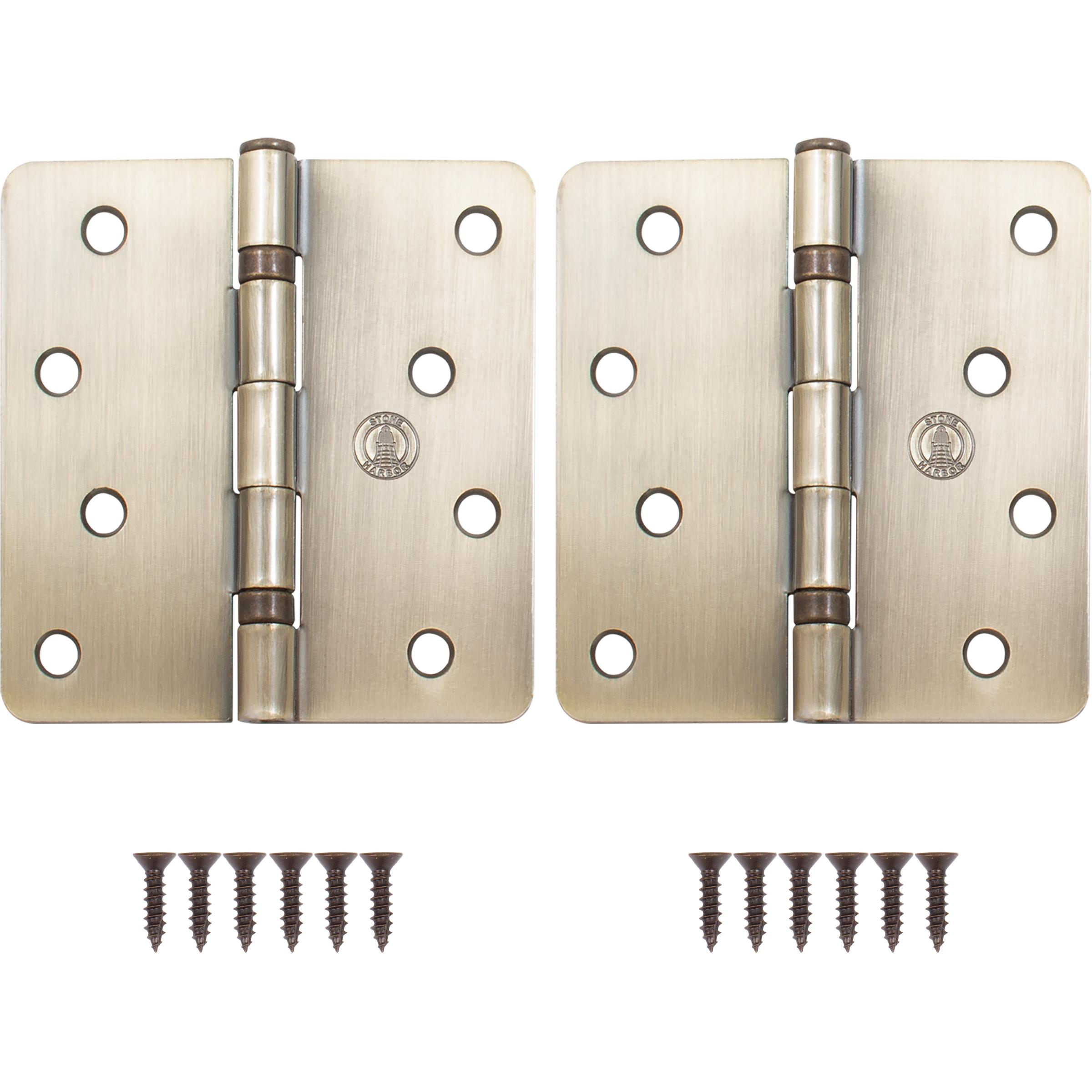 Stone Harbor Hardware 4" Ball-Bearing Door Hinges, 1/4" Radius Corner, Antique Brass, 2-Pack