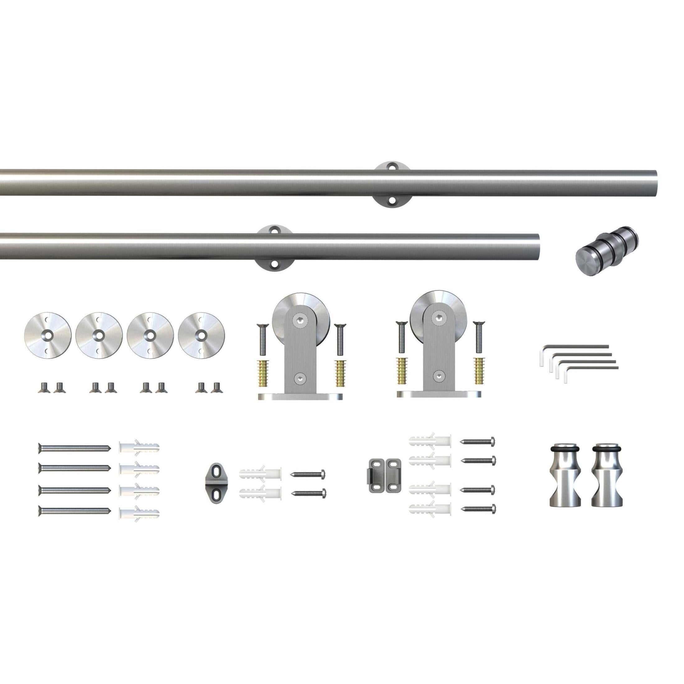 Top Mount Strap Style Sliding Door Hardware Set with Round Track, Fits Doors up to 36 Inches