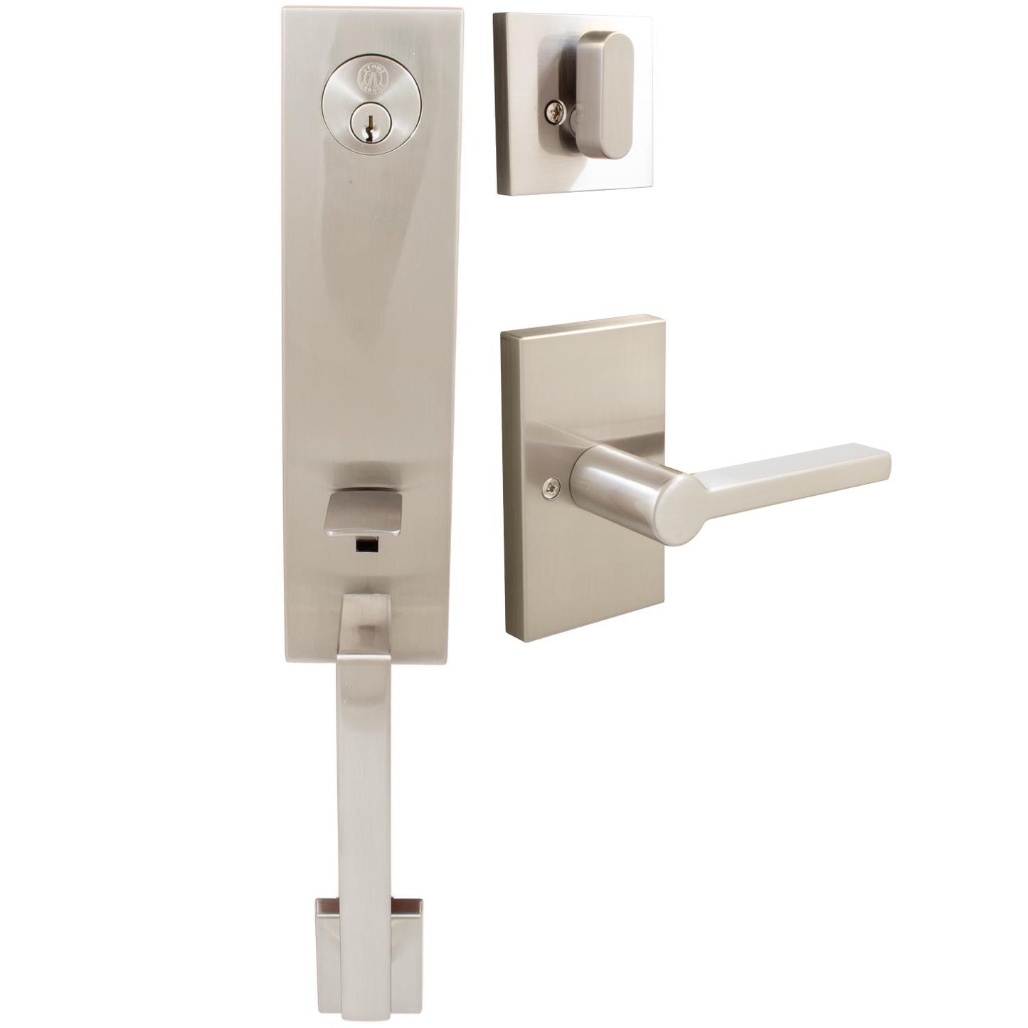 Stone Harbor Hardware Munich Handleset, Vienna Interior Trim, Rectangular Rose, SC Keyway, Satin Nickel