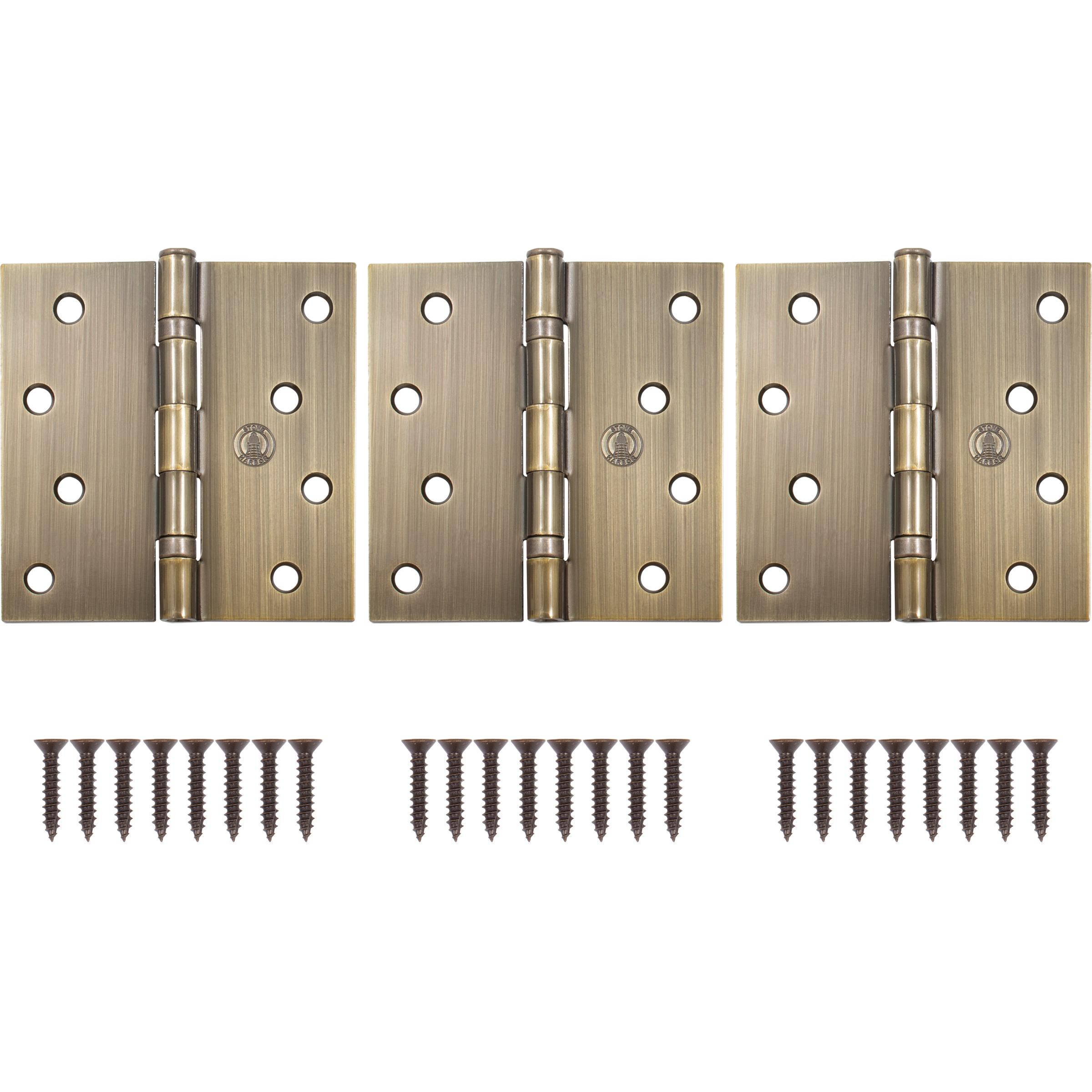 Stone Harbor Hardware 4" Ball-Bearing Door Hinges, Square Corner, Antique Brass, 3-Pack