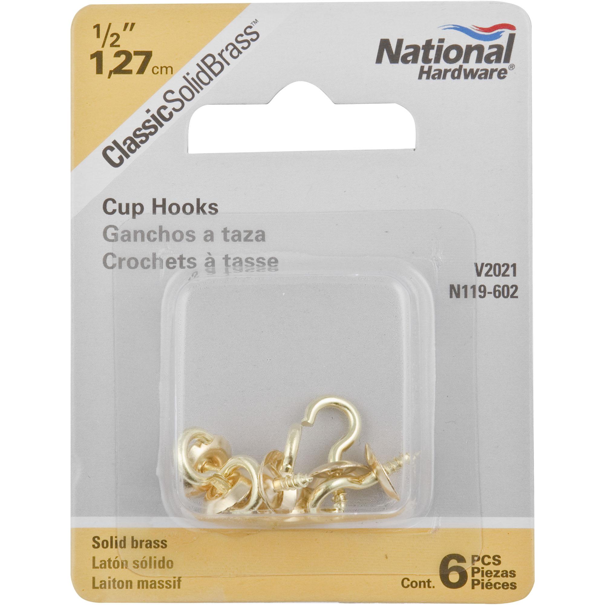 National Hardware - N119-602 V2021 1/2" Cup Hooks in Solid Brass, 6 pack