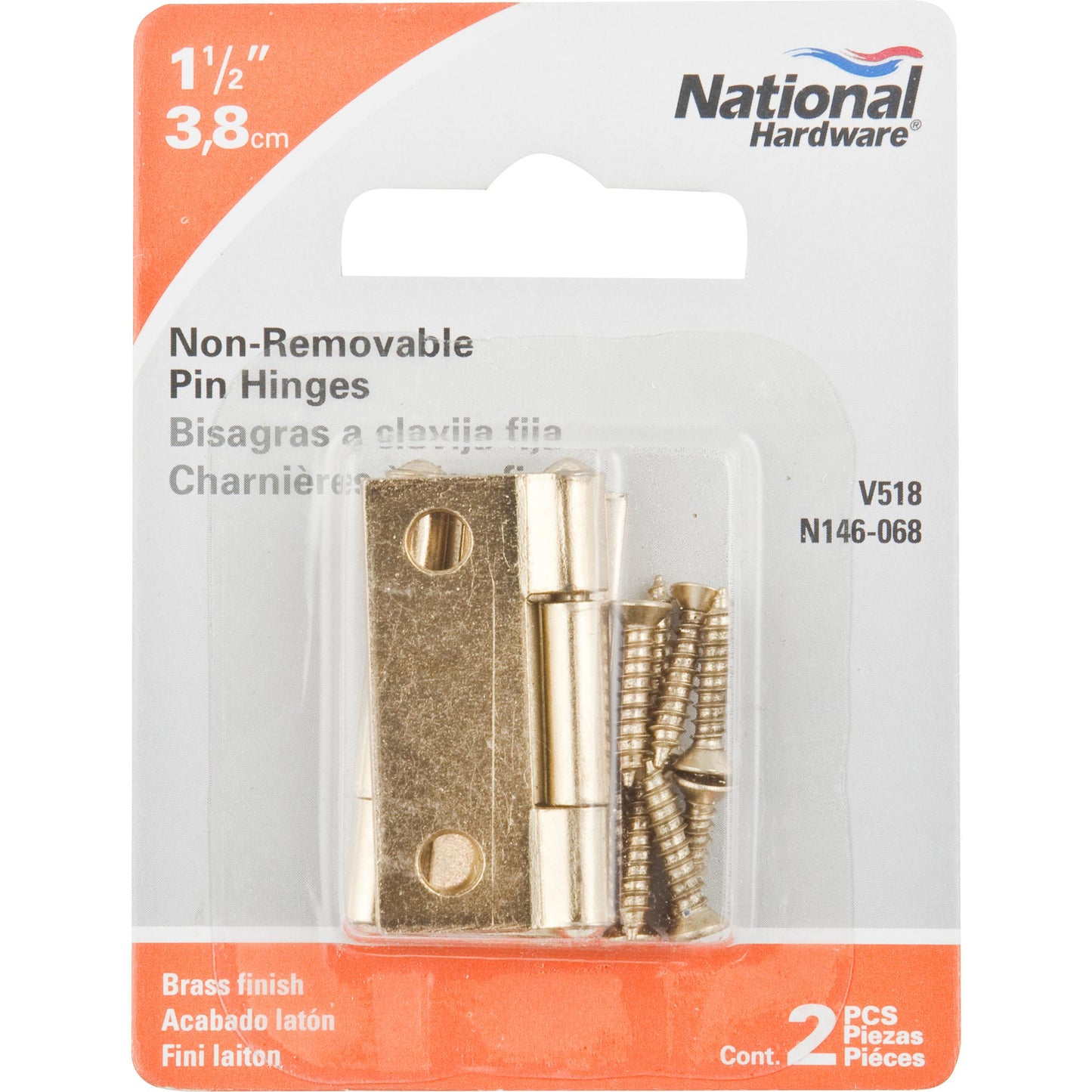 National Hardware - V518 1-1/2" Hinge NRP 2/pk - Polished Brass