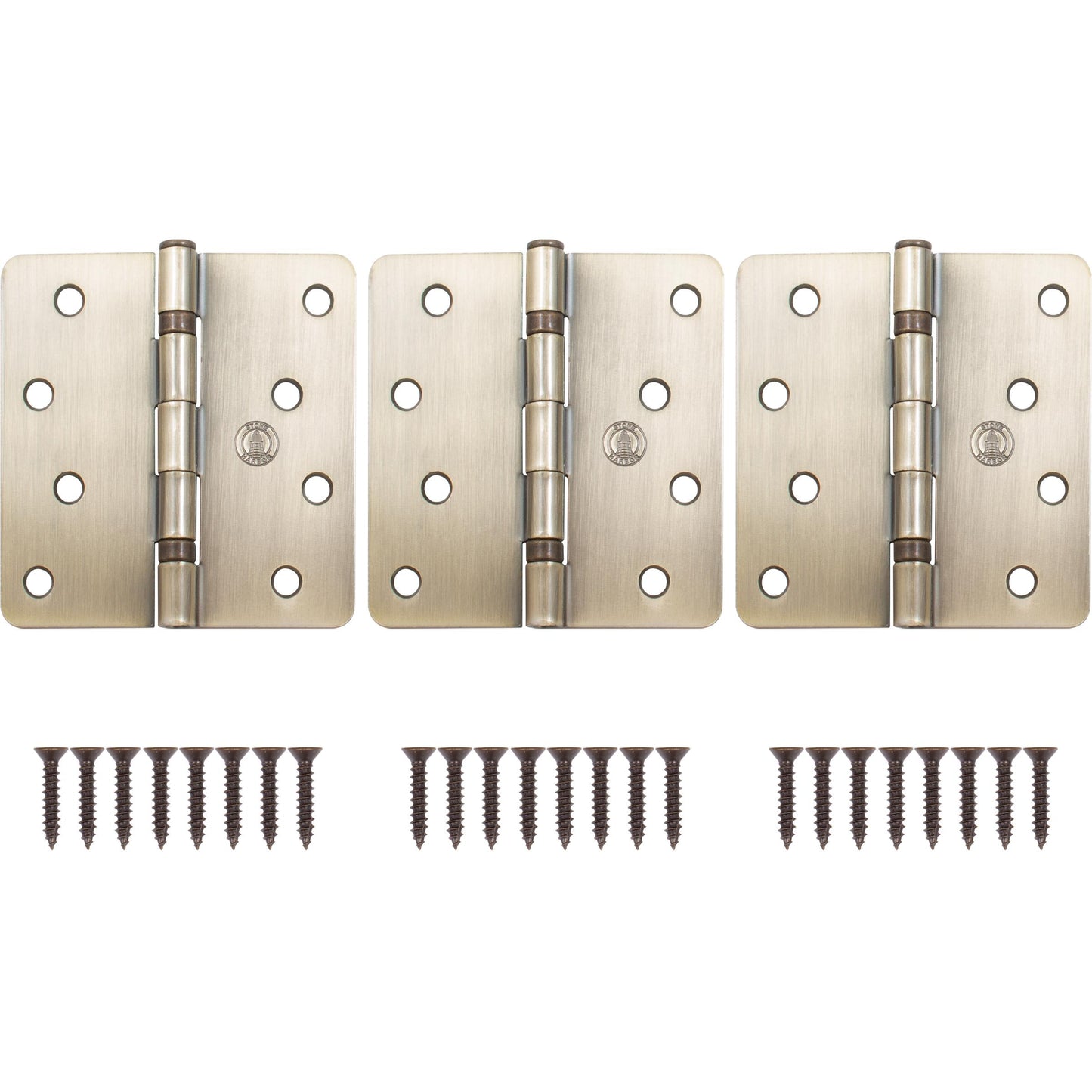 Stone Harbor Hardware 4" Ball-Bearing Door Hinges, 1/4" Radius Corner, Antique Brass, 3-Pack