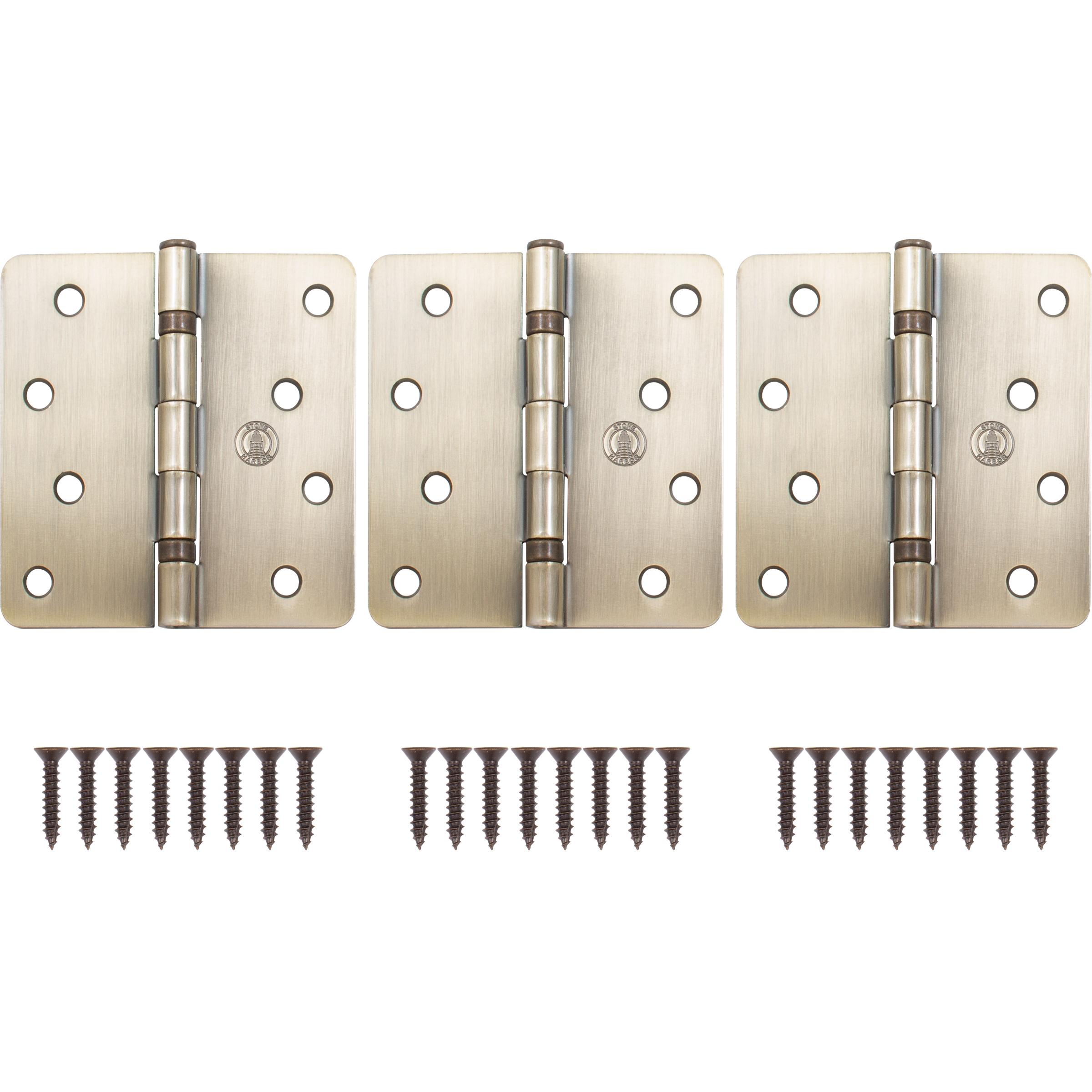 Stone Harbor Hardware 4" Ball-Bearing Door Hinges, 1/4" Radius Corner, Antique Brass, 3-Pack