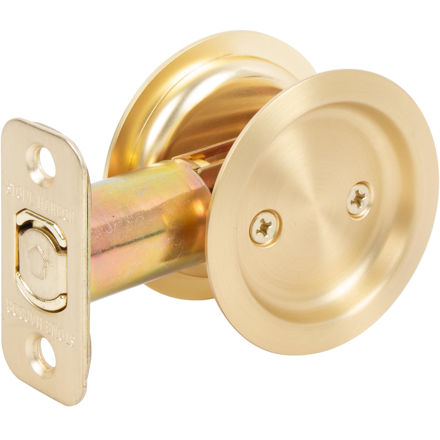Stone Harbor Hardware Round Pocket Door Lock, Passage Function, 2-3/8" Backset, Satin Brass