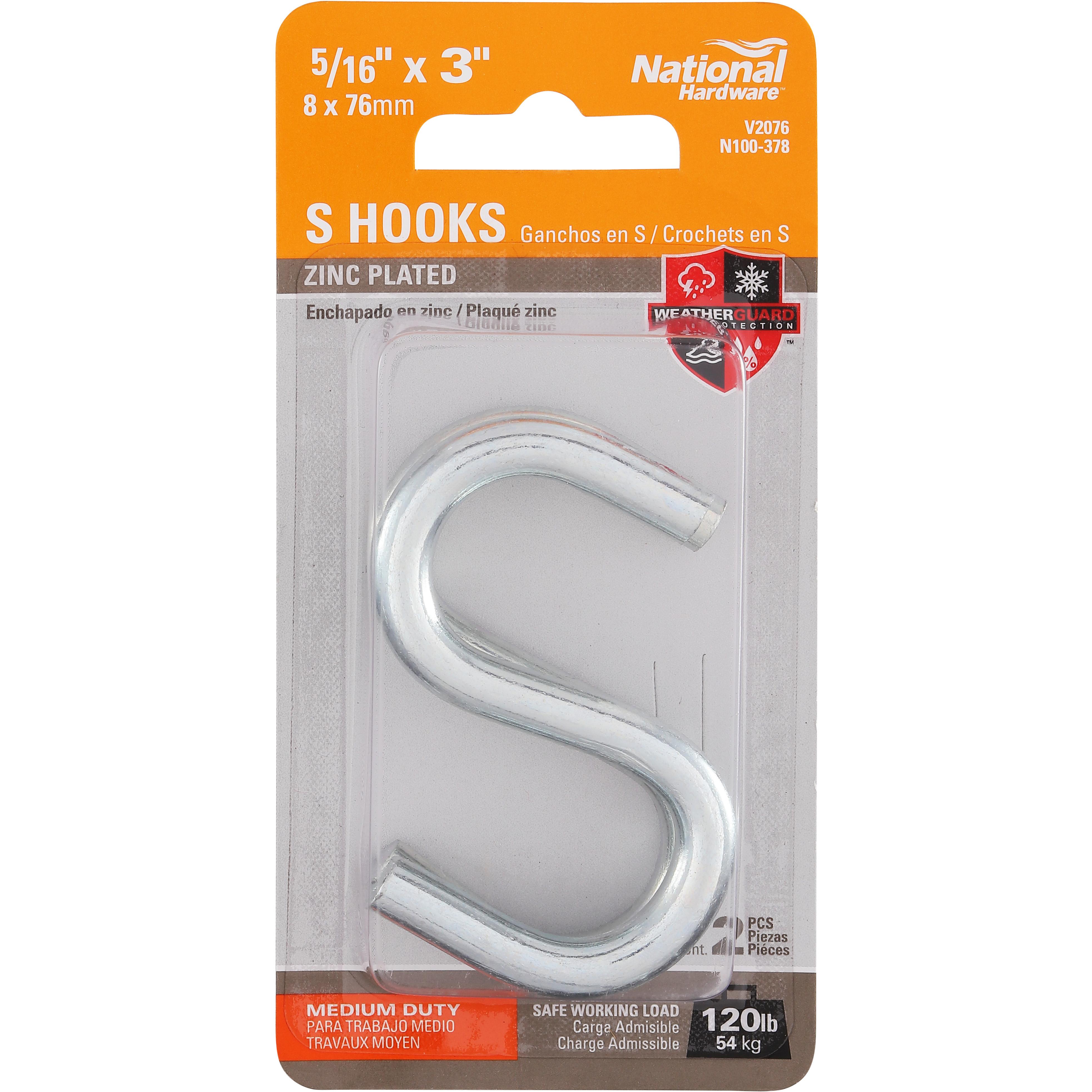 V2076 #120, 5/16" Open S Hook 2/pk - Zinc Plated