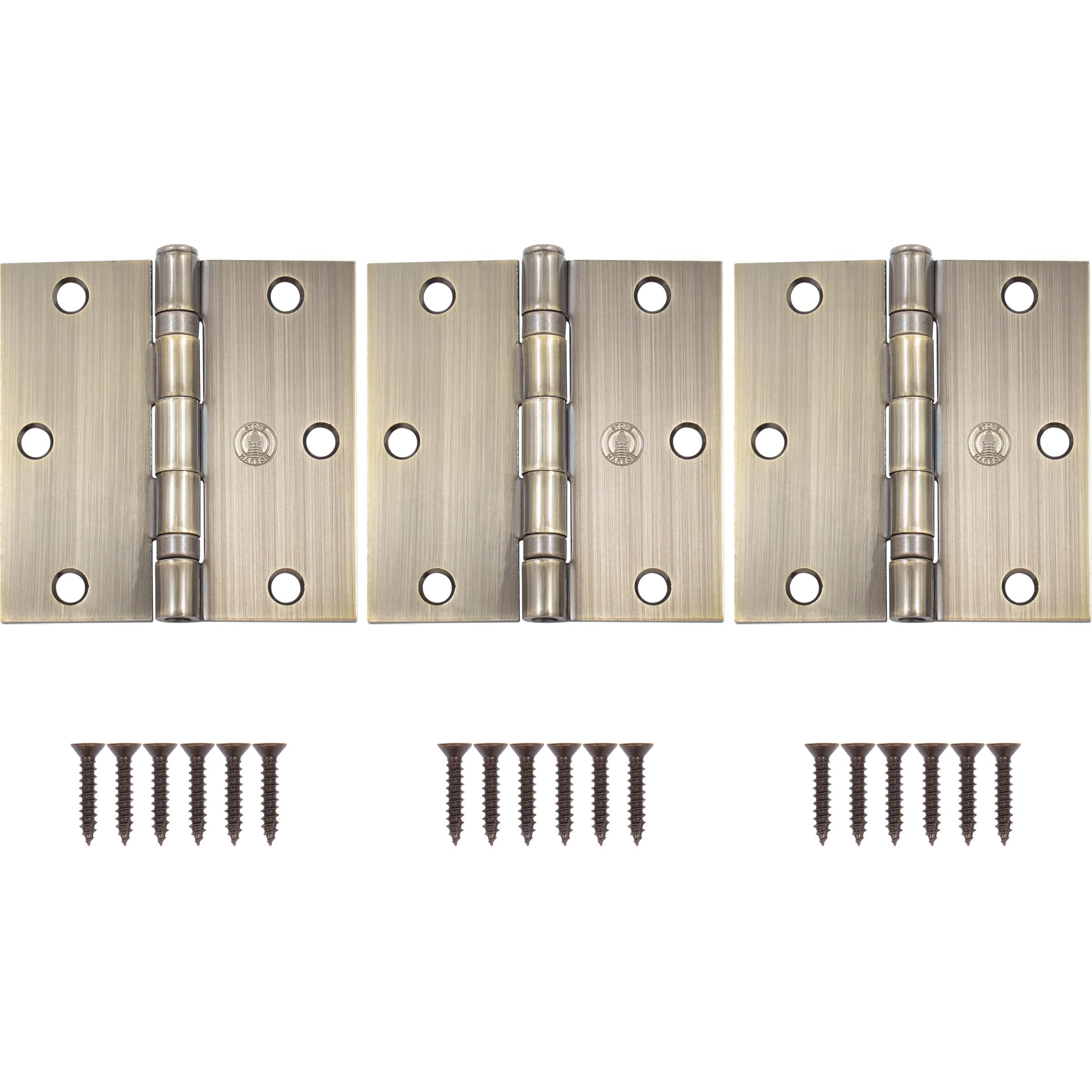 Stone Harbor Hardware 3-1/2" Ball-Bearing Door Hinges, Square Corner, Antique Brass, 3-Pack