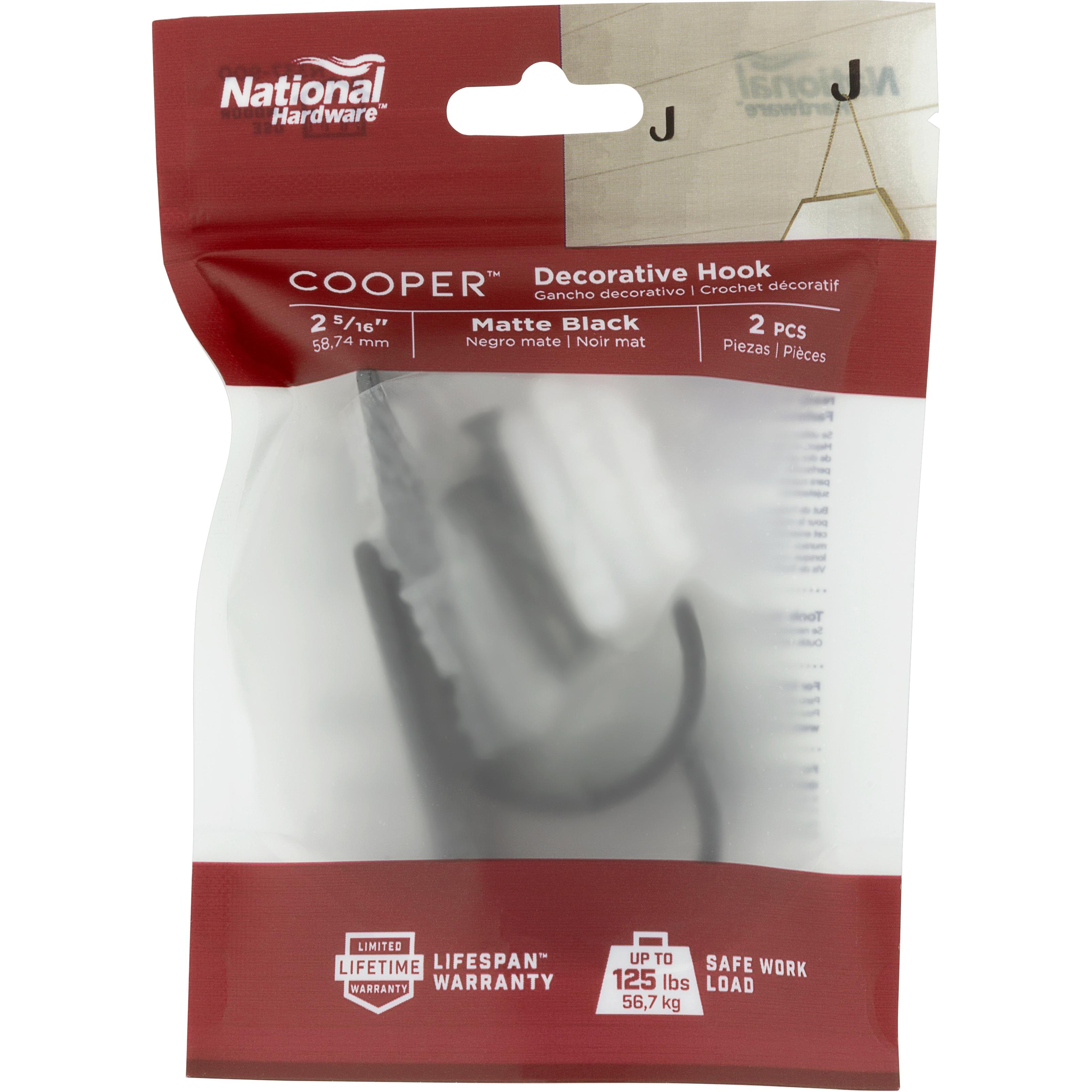 National Hardware - N337-900 V1451, 2-5/16" Cooper Multi-Purpose Hook 2 pack, Matte Black
