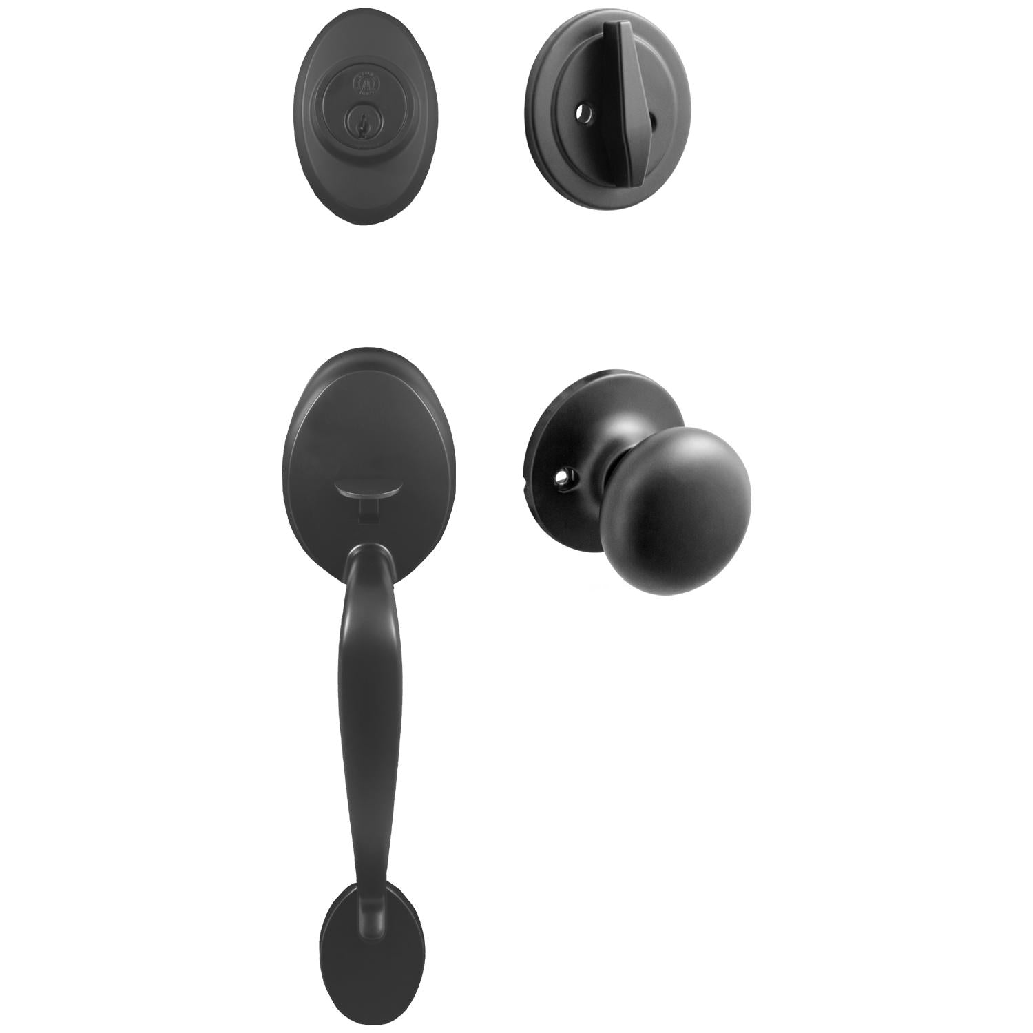 Stone Harbor Hardware Mill Creek Handleset with Highland Knob, KW Keyway, Clear Pack, Matte Black