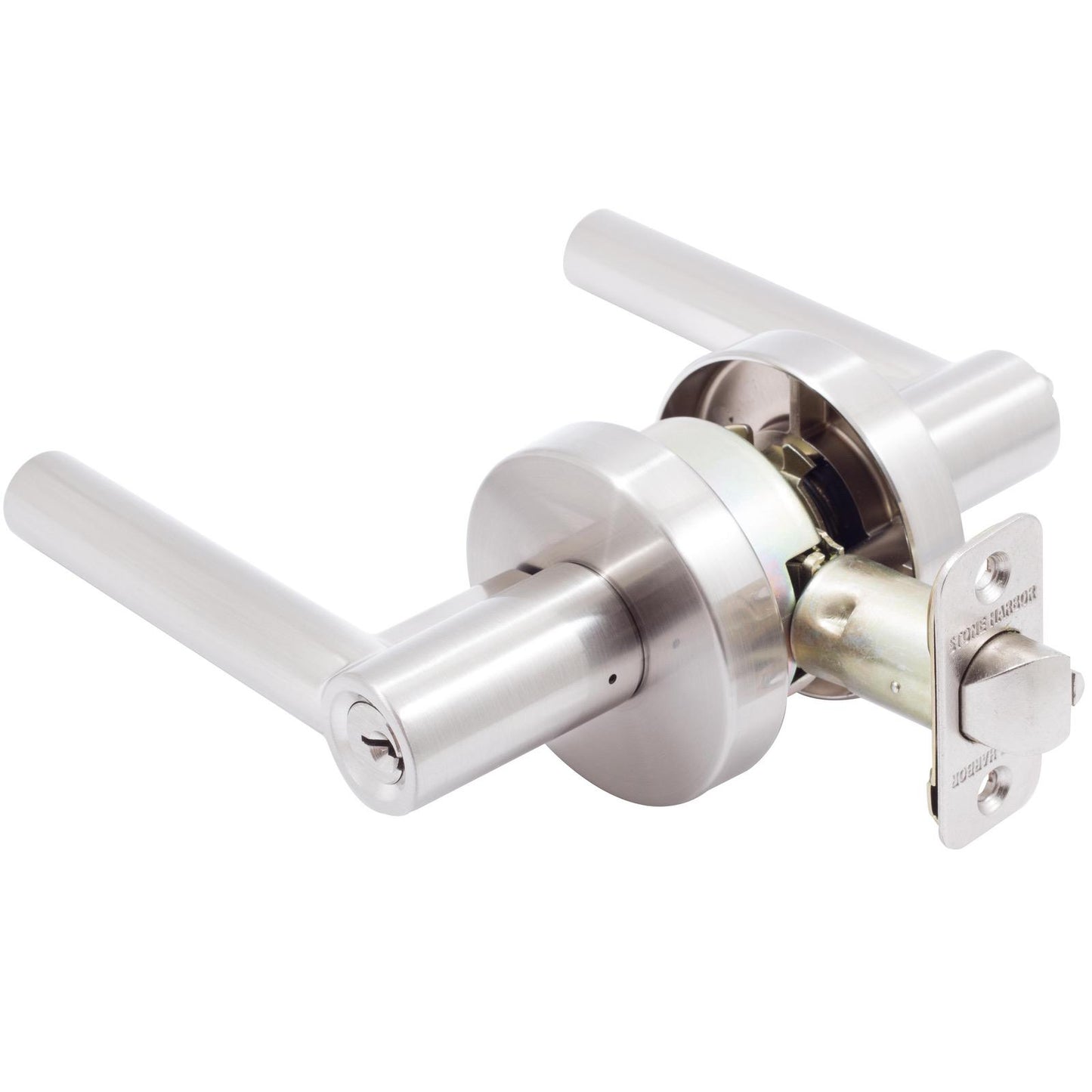 Stone Harbor Hardware Zurich Door Lever with Round Rosette, Entry Latch, SC Keyway, Satin Nickel