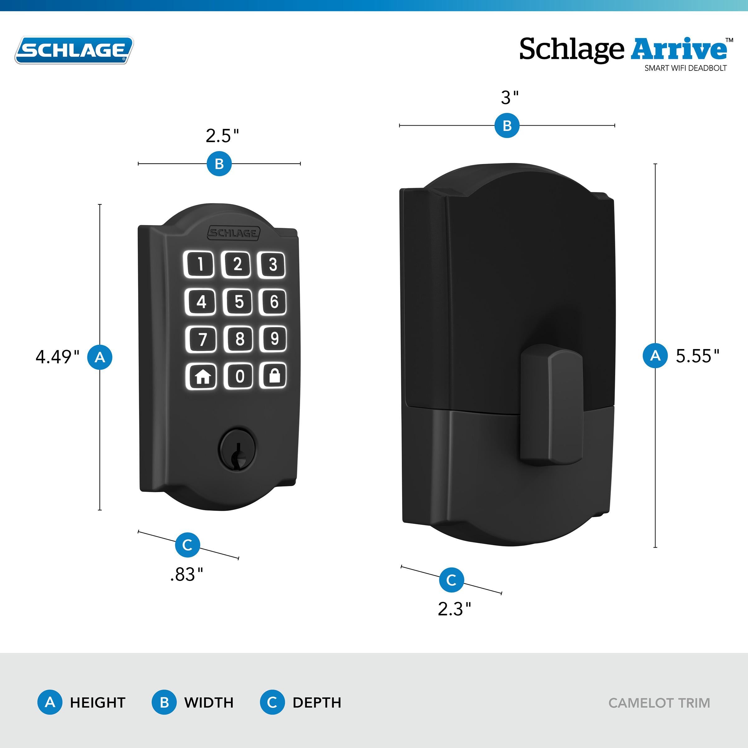 Schlage Arrive Smart WiFi Deadbolt with Camelot Trim in Matte Black