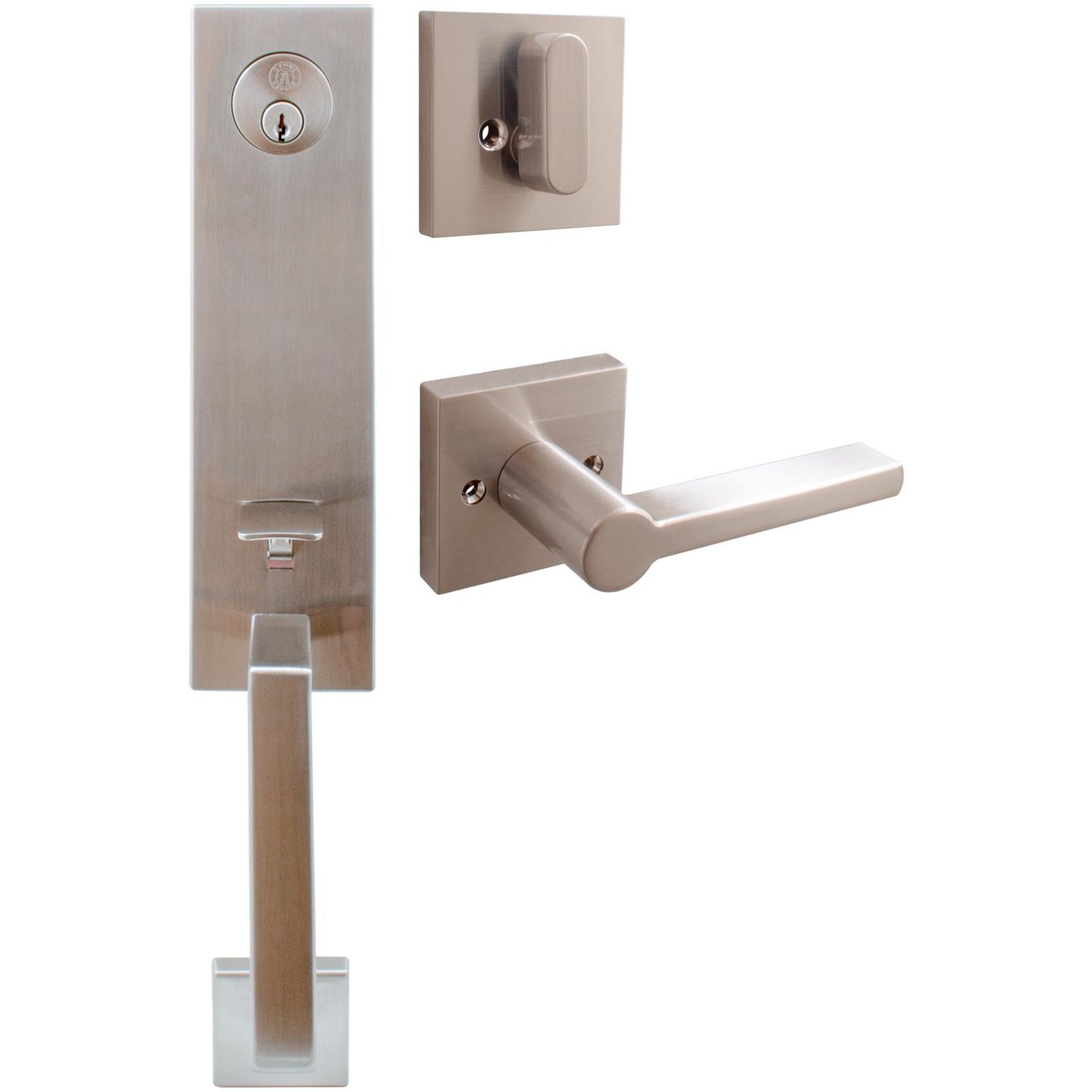 Stone Harbor Hardware Munich Handleset, Vienna Interior Trim, Square Rose, KW Keyway, Satin Nickel