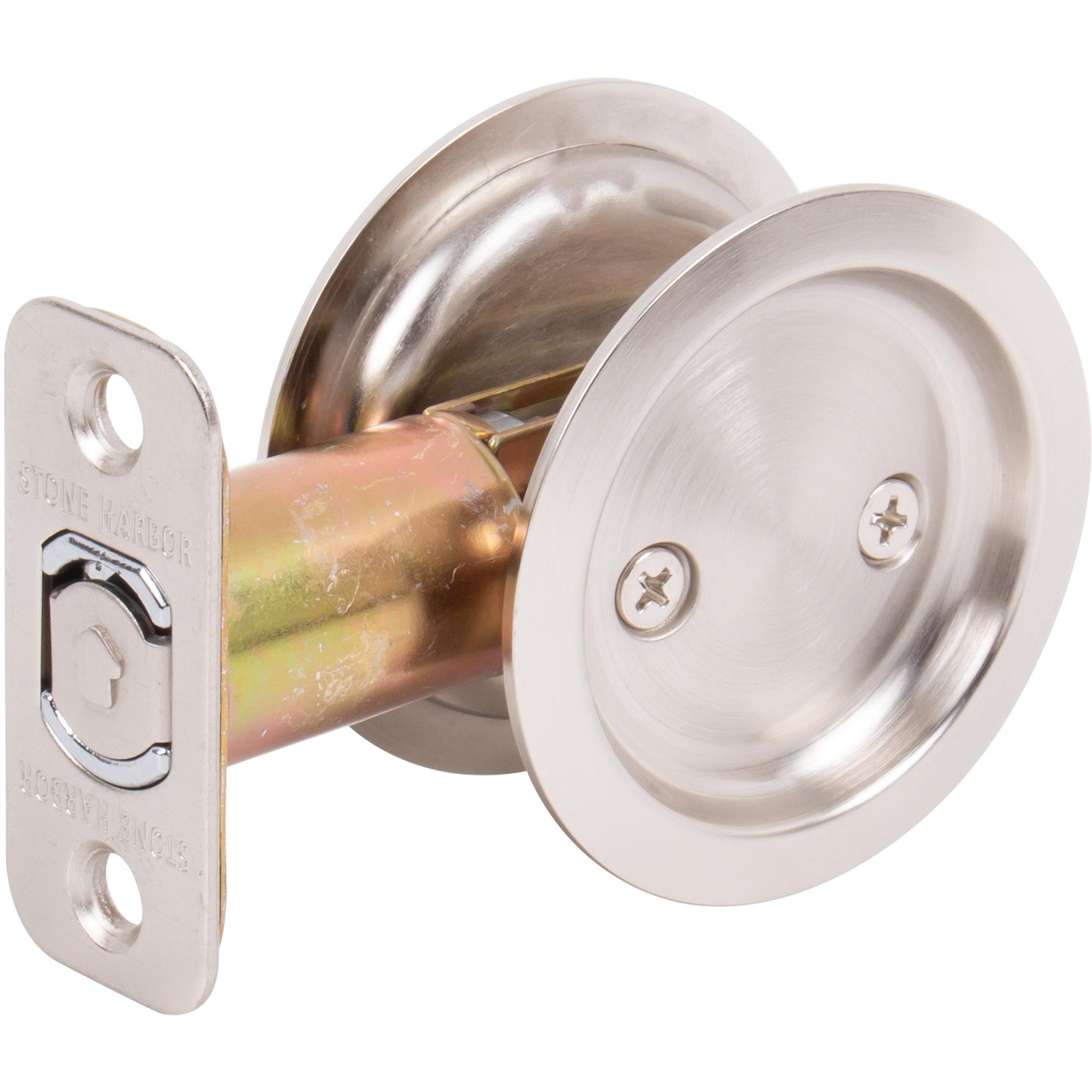 Stone Harbor Hardware Round Pocket Door Lock, Passage Function, 2-3/8" Backset, Satin Nickel