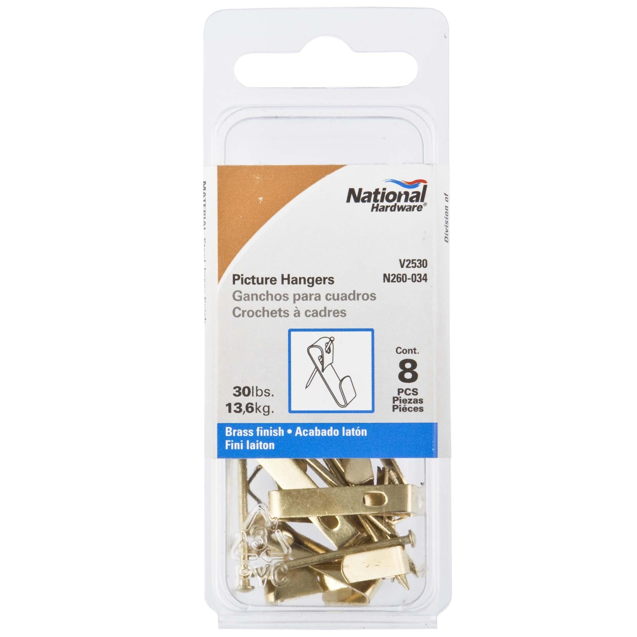 National Hardware - N260-034 V2530-30 Picture Hangers with 30 lb. Weight Capacity - Brass, 8 pack