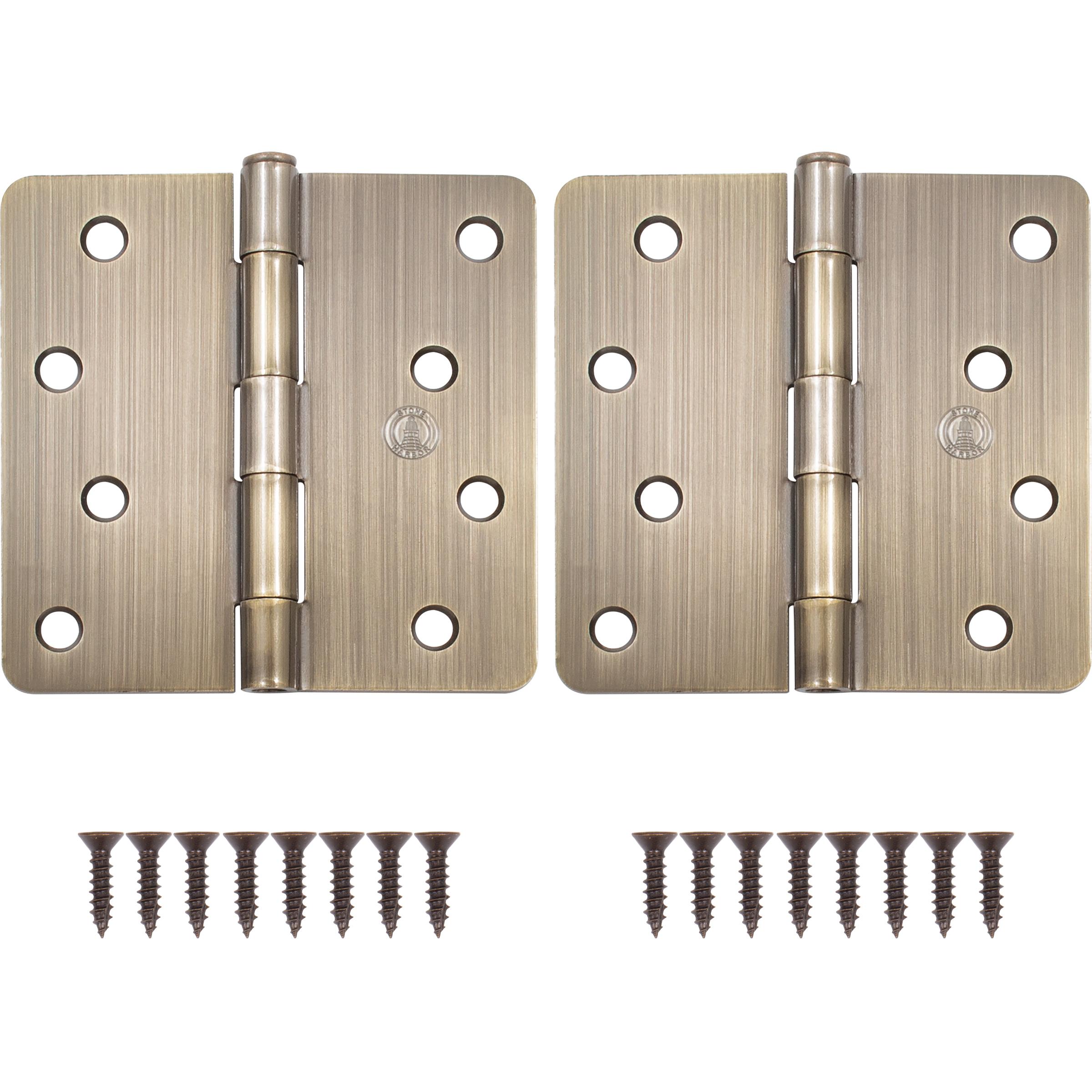 Stone Harbor Hardware 4" Door Hinges, 1/4" Radius Corner, Antique Brass, 2-Pack