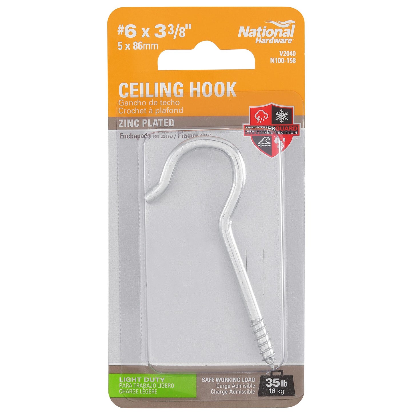 V2040 #6, 3-3/8" Ceiling Hook - Zinc Plated