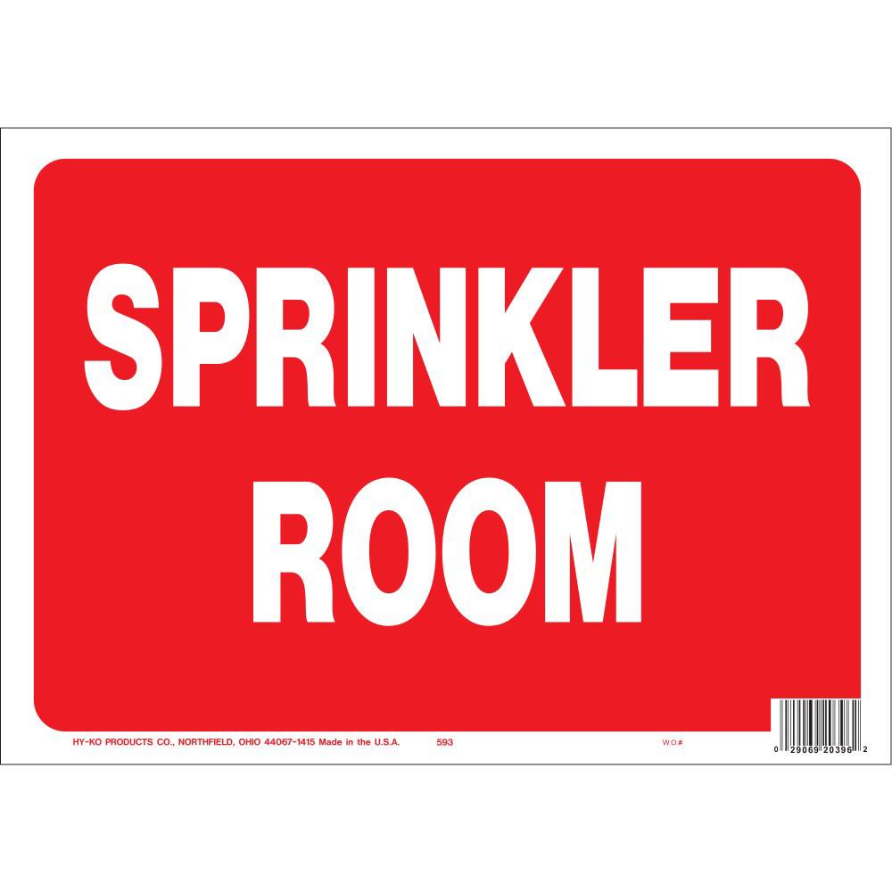 Hy-Ko 593 14" x 10" Sprinkler Room Sign, Heavy Duty Plastic OSHA Safety Sign, White/Black/Red