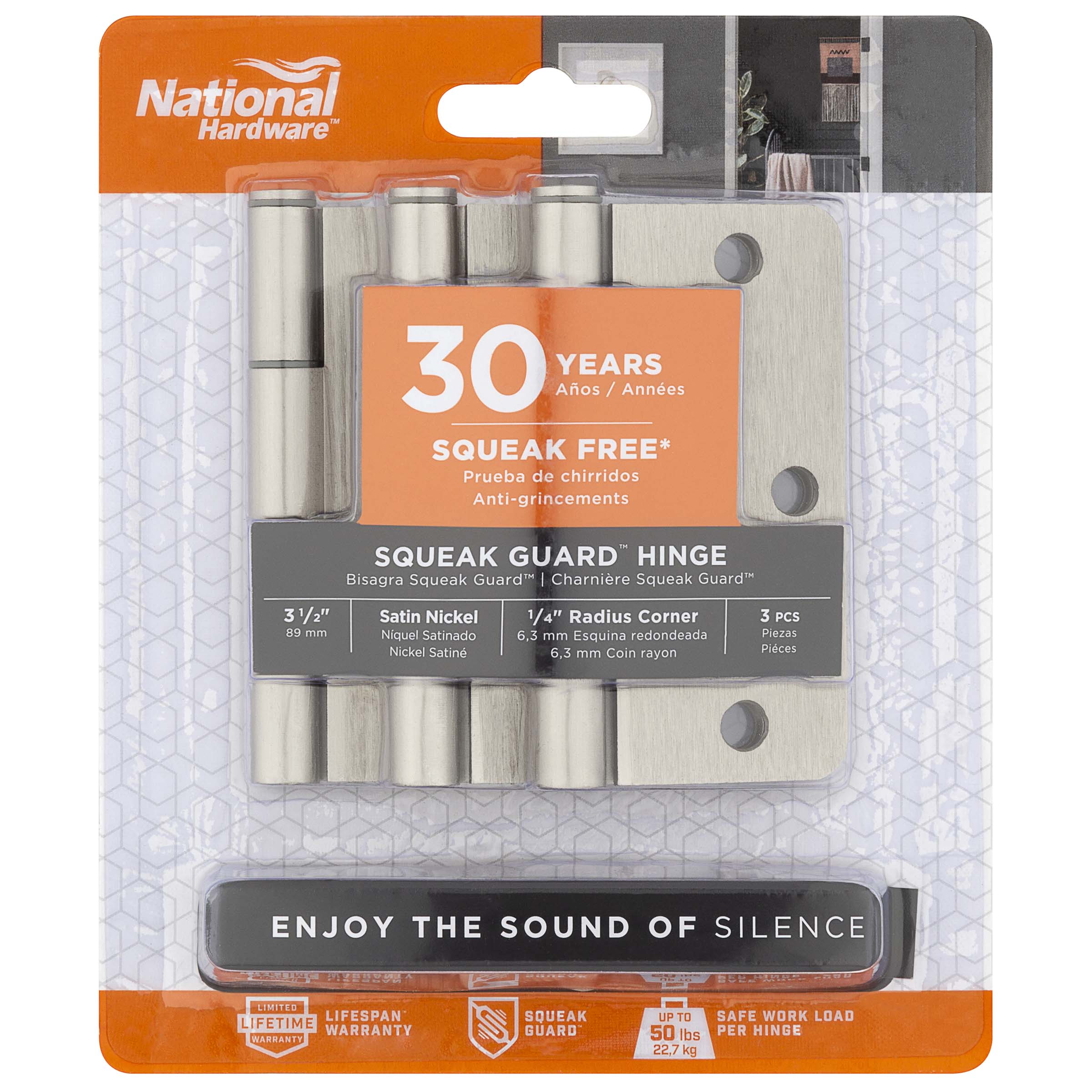525 3-1/2" 1/4R Squeak Guard Hinge 3/pk - Satin Nickel
