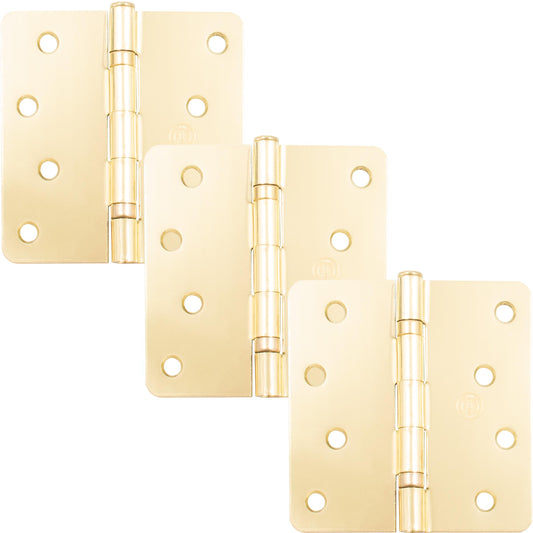 Stone Harbor Hardware 4" Ball-Bearing Door Hinges, 1/4" Radius Corner, Polished Brass, 3-Pack