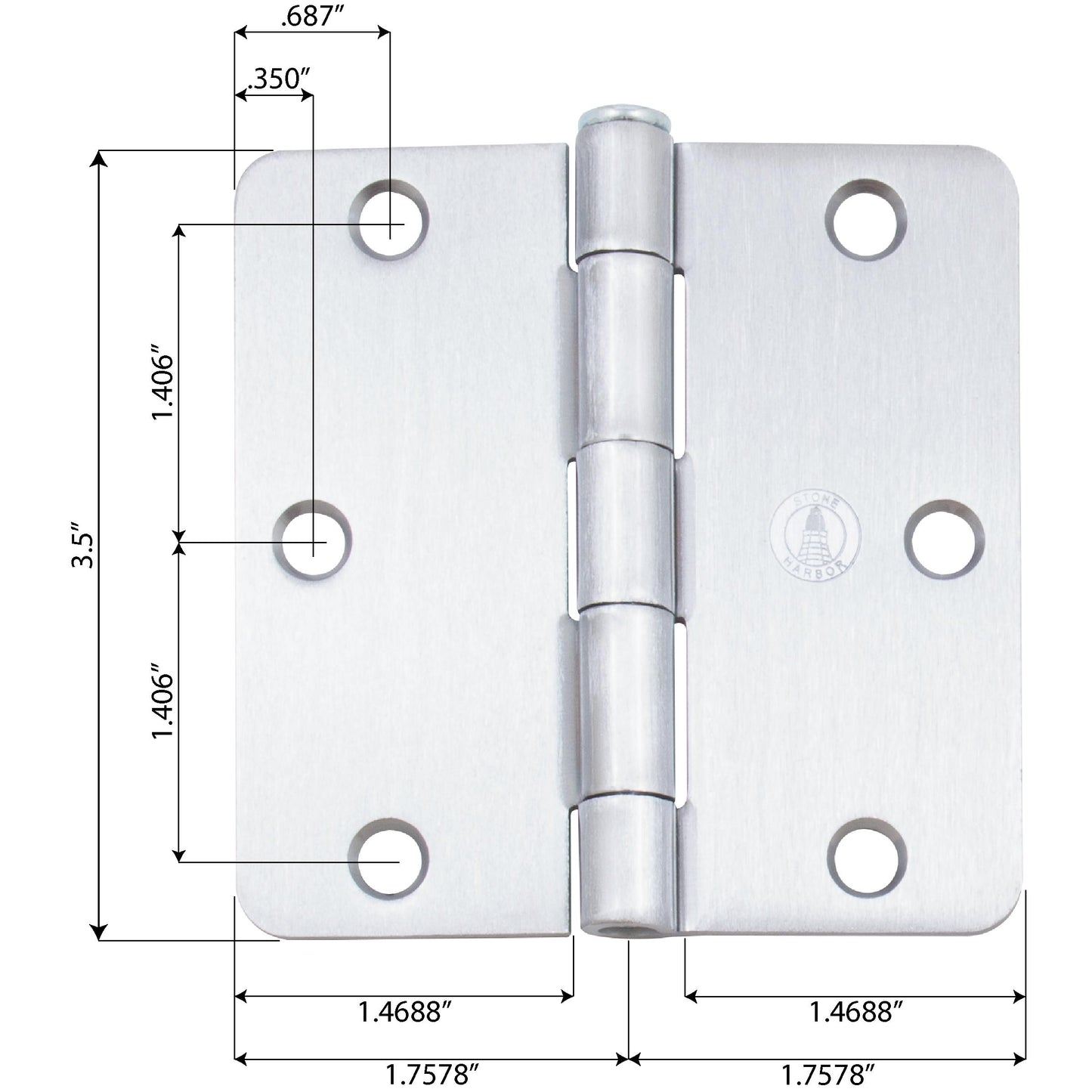 Stone Harbor Hardware 3-1/2" Door Hinges, 1/4" Radius Corner, Satin Chrome, 2-Pack
