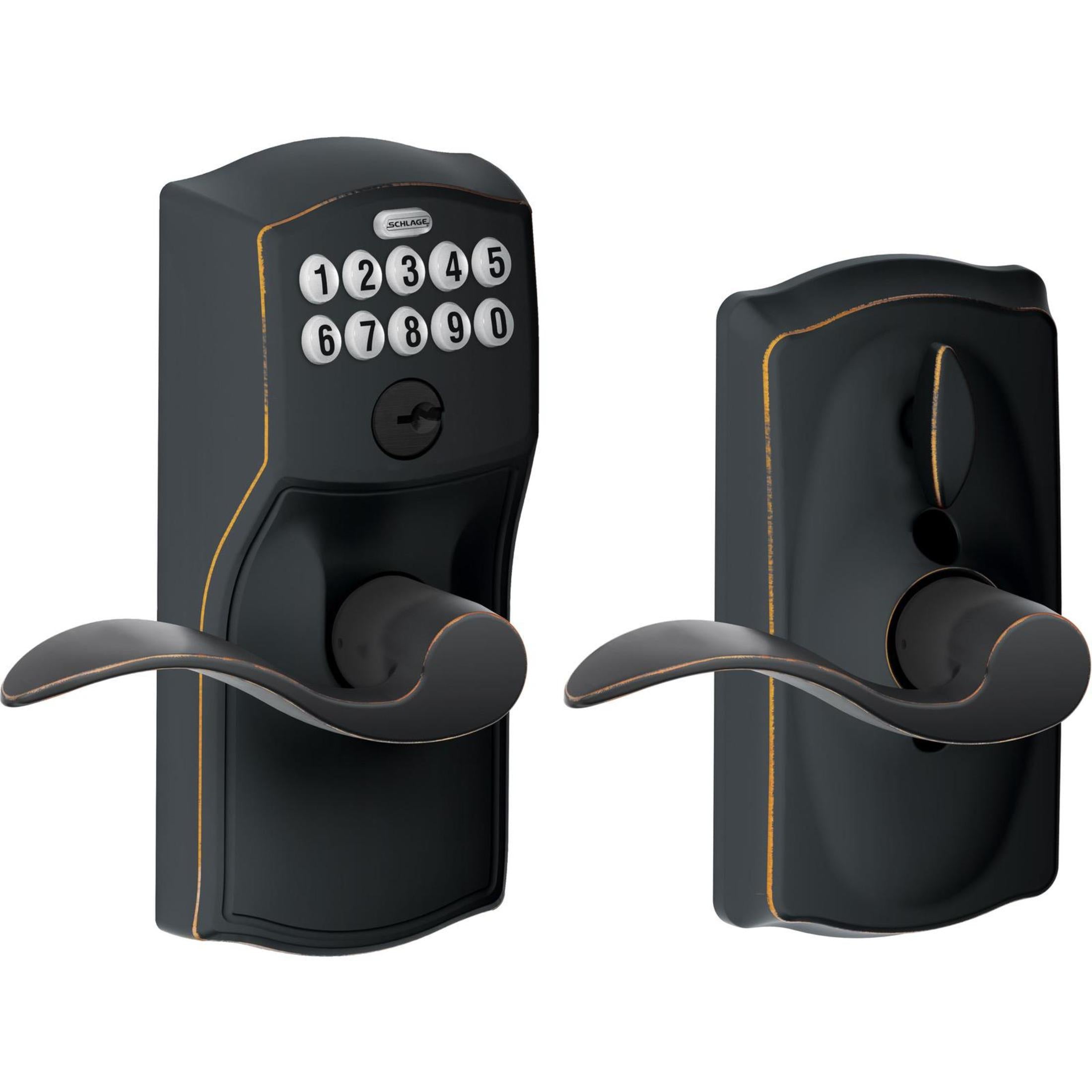 FE595VCAM716ACC 16-086 10-027 Accent / Camelot Keypad Lever with Flex-Lock - Aged Bronze