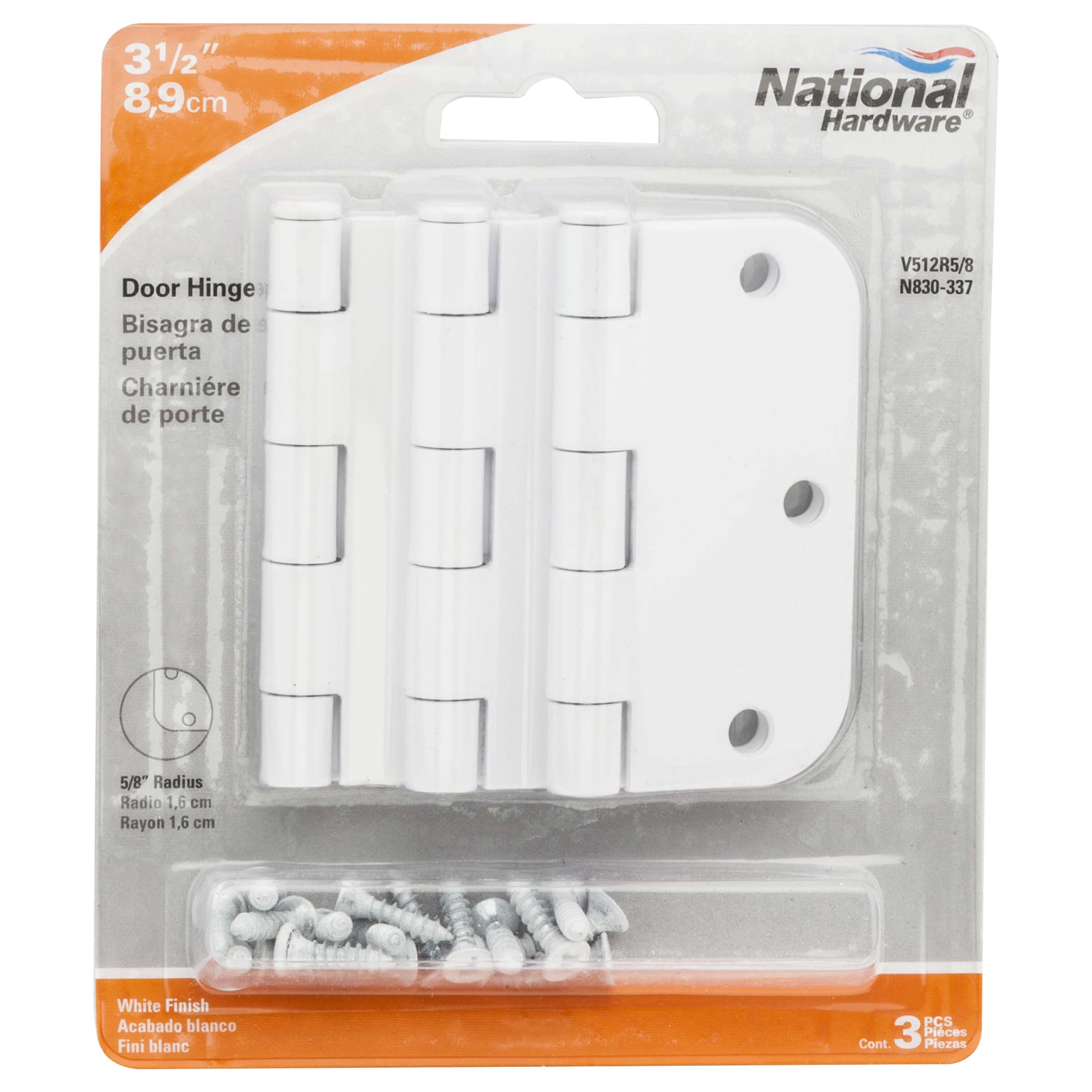 National Hardware - V512 3.5RC5/8 3-1/2" Plain Bearing 5/8R Mortise Door Hinge, 3/pk - White