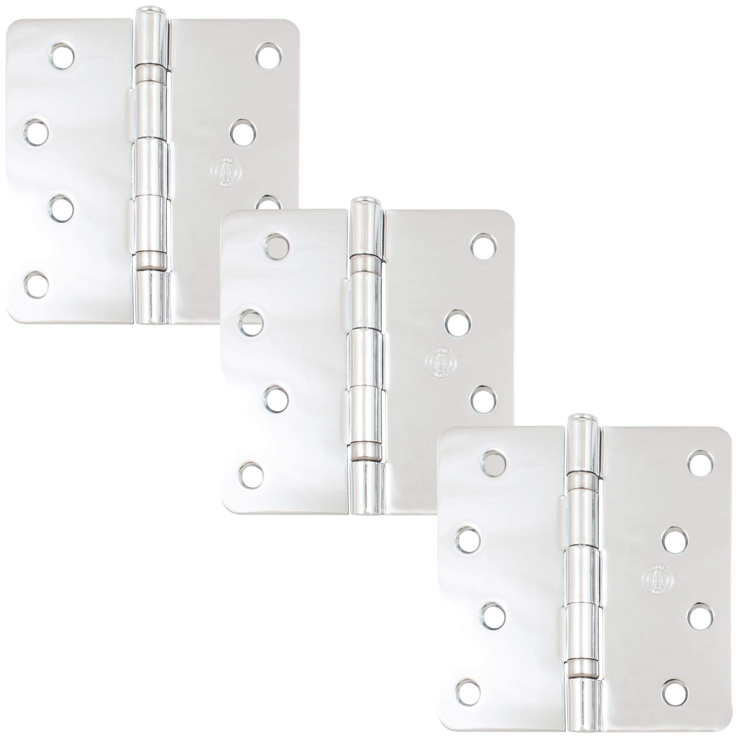 Stone Harbor Hardware 4" Ball-Bearing Door Hinges, 1/4" Radius Corner, Polished Chrome, 3-Pack