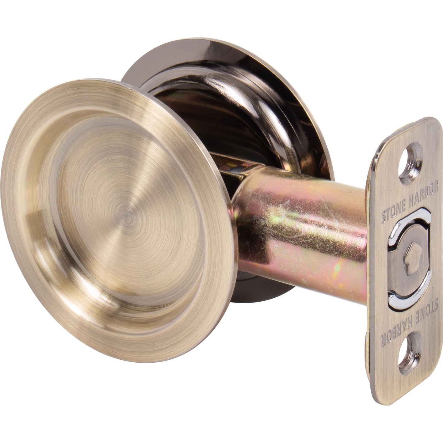 Stone Harbor Hardware Round Pocket Door Lock, Passage Function, 2-3/8" Backset, Antique Brass