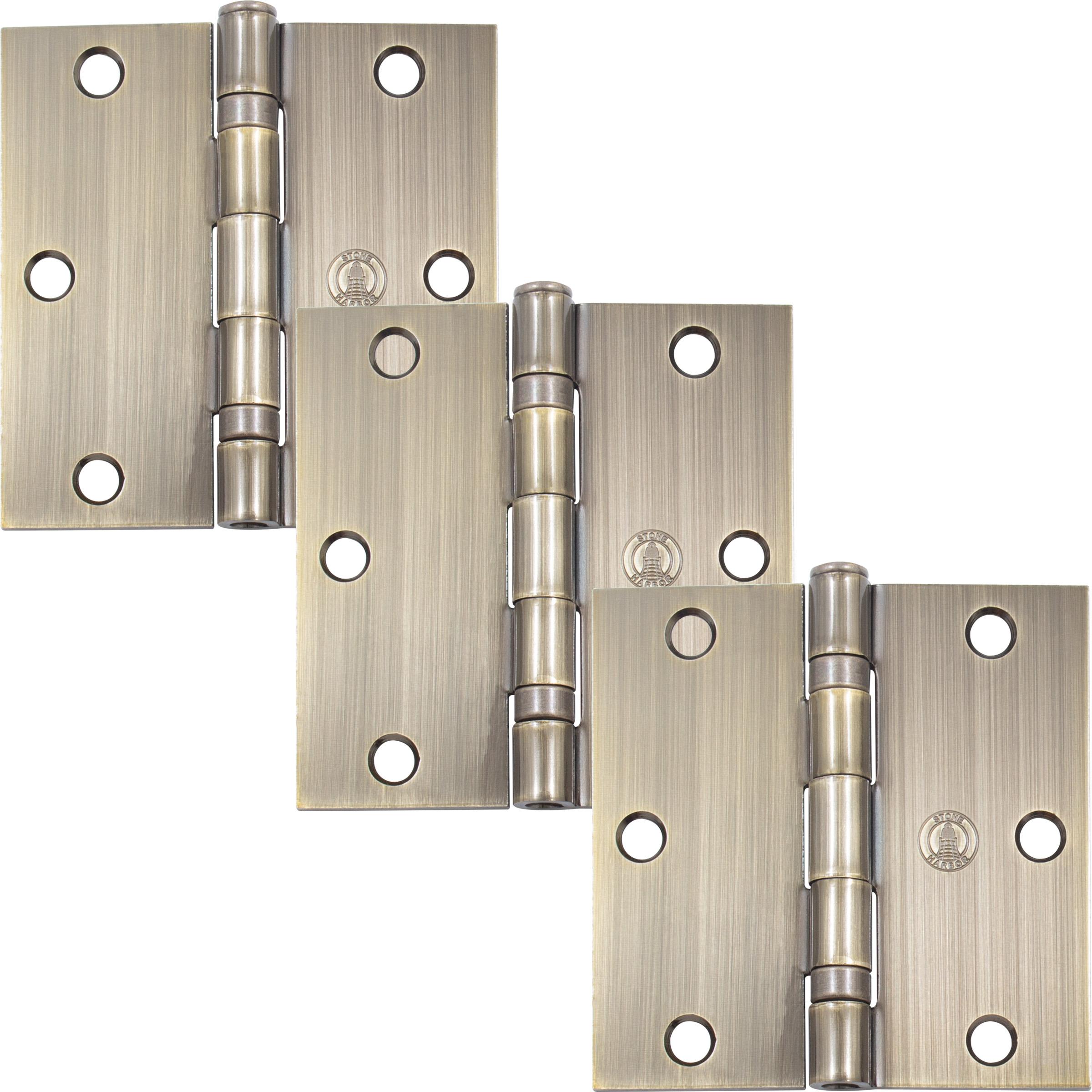 Stone Harbor Hardware 3-1/2" Ball-Bearing Door Hinges, Square Corner, Antique Brass, 3-Pack