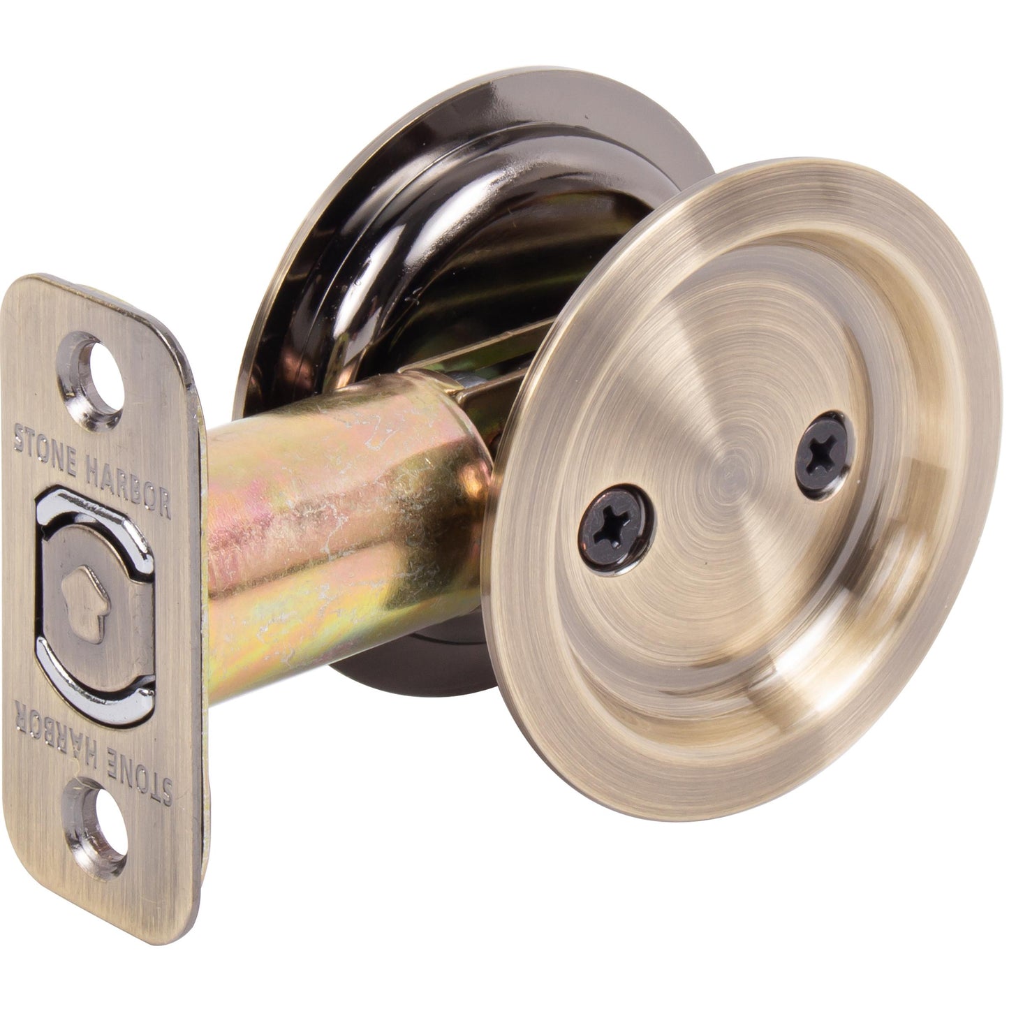 Stone Harbor Hardware Round Pocket Door Lock, Passage Function, 2-3/8" Backset, Antique Brass