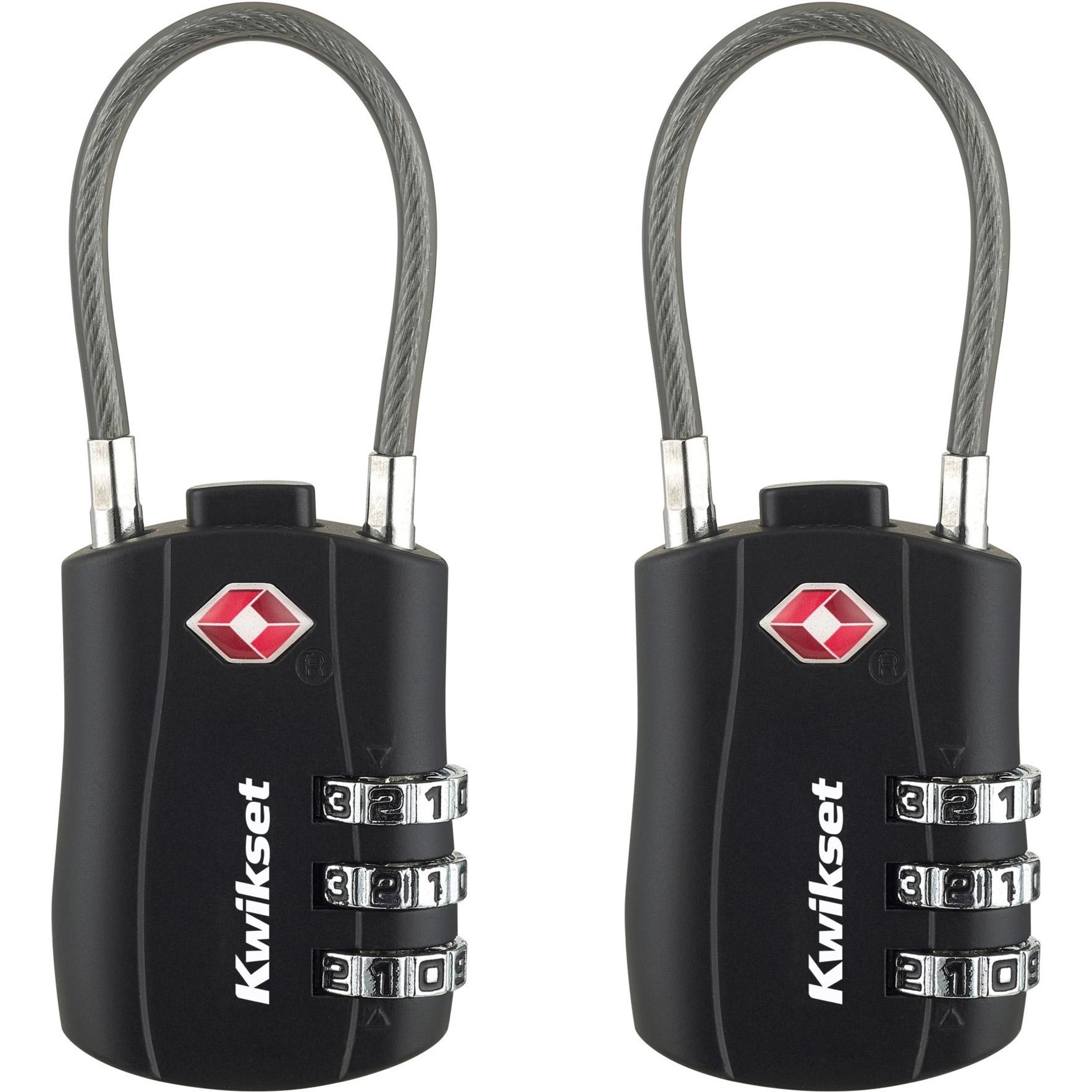 Kwikset 1-3/16" TSA Cable Combination Padlock with 1-1/2" Shackle, 2-Pack, Black