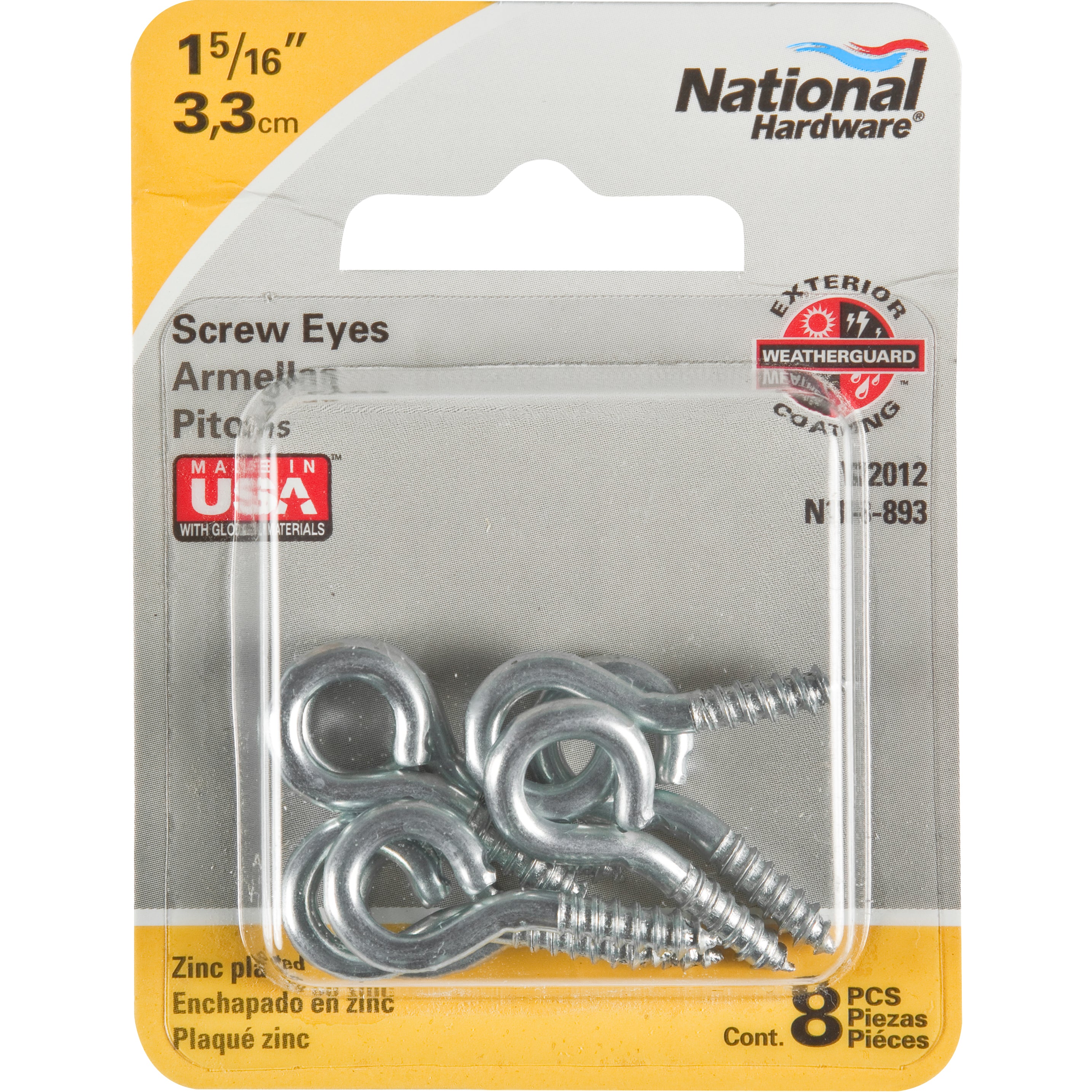 National Hardware - N118-893 V2012 110 1-5/16" Screw Eyes in Zinc plated, 8 pack
