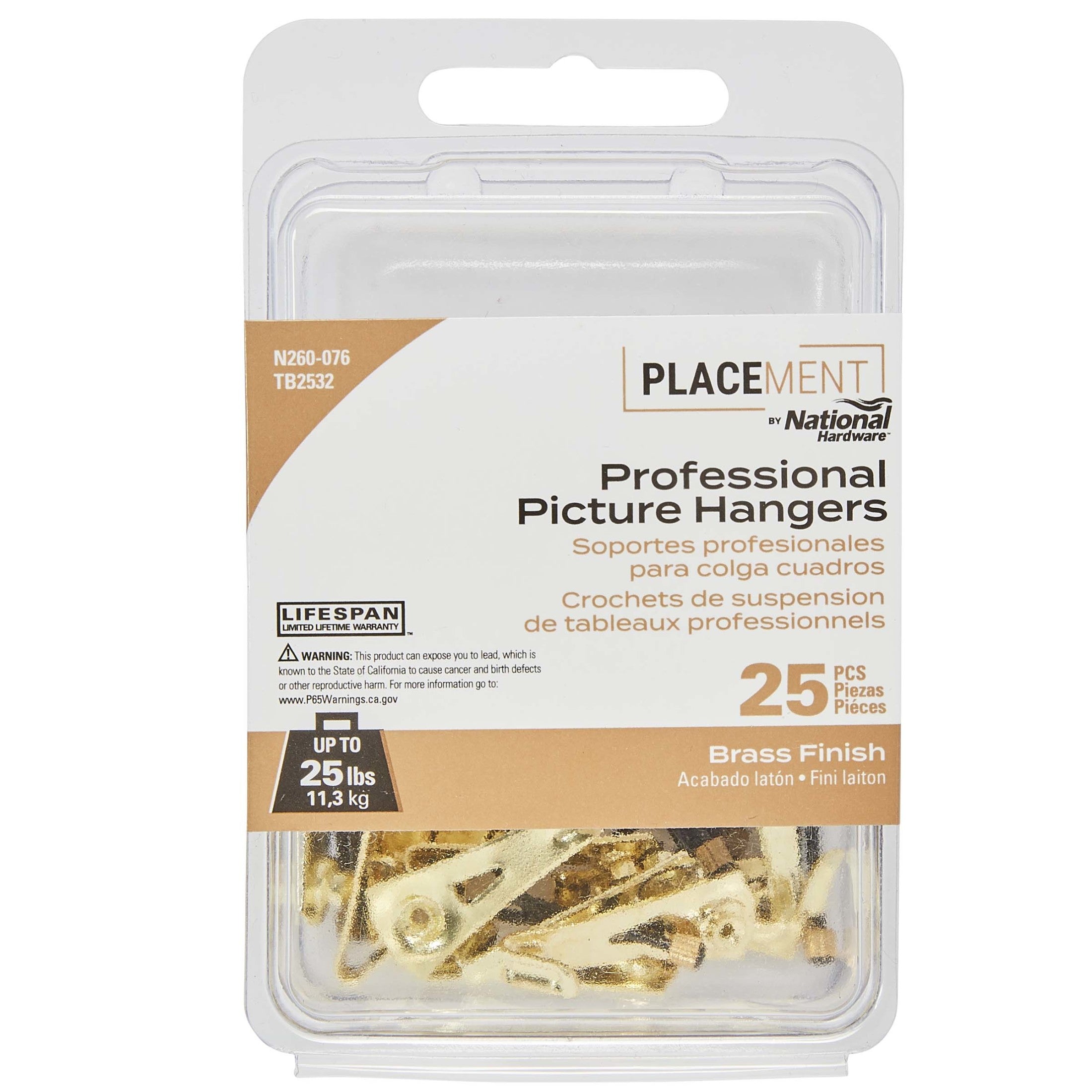National Hardware - N260-076 TB2532-25 Professional Premium Picture Hangers with 25 lb Weight Capacity - Brass, 25 pack