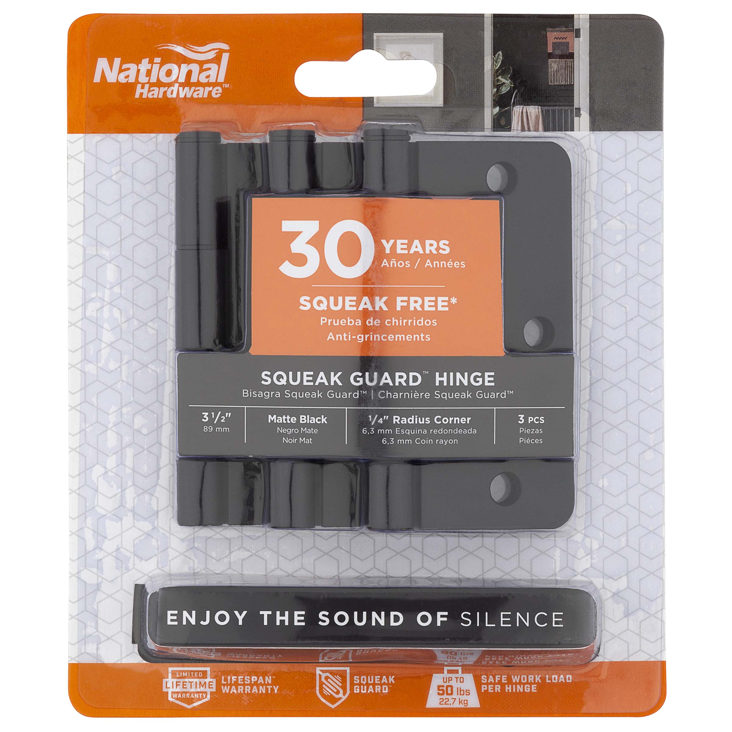 National Hardware - 525 3-1/2" 1/4R Squeak Guard Hinge 3/pk - Matte Black