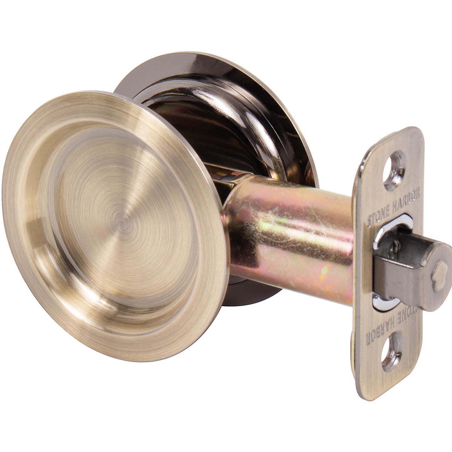 Stone Harbor Hardware Round Pocket Door Lock, Passage Function, 2-3/8" Backset, Antique Brass
