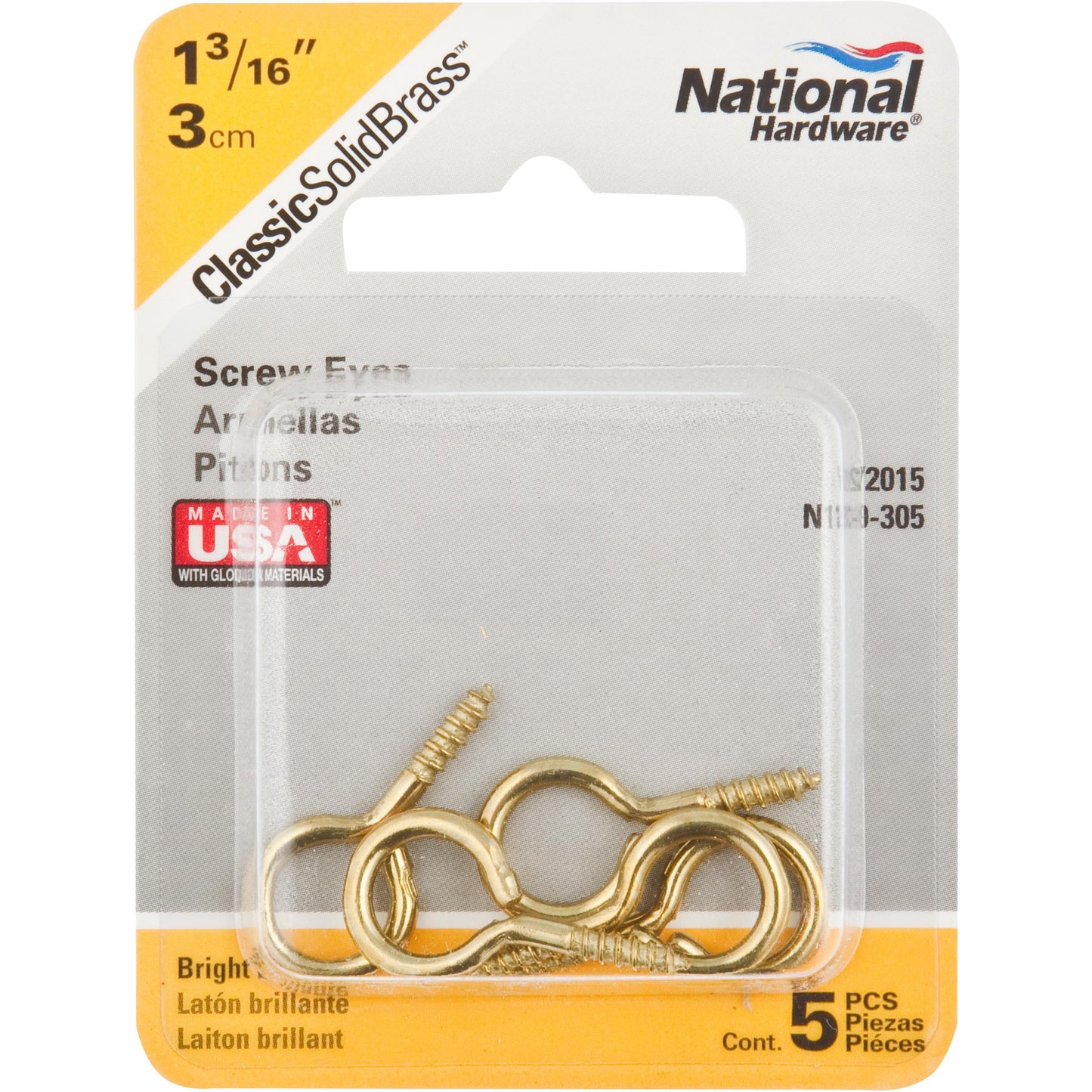 V2015 #12 x 1-3/16" Screw Eye 5/pk - Polished Brass