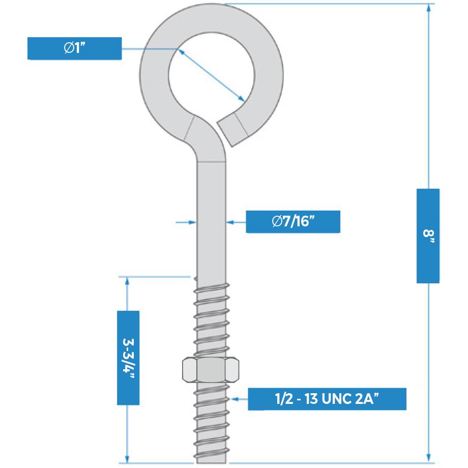 National Hardware N820-091 Eye Bolt, 1/2" × 8", Storm Shine Finish