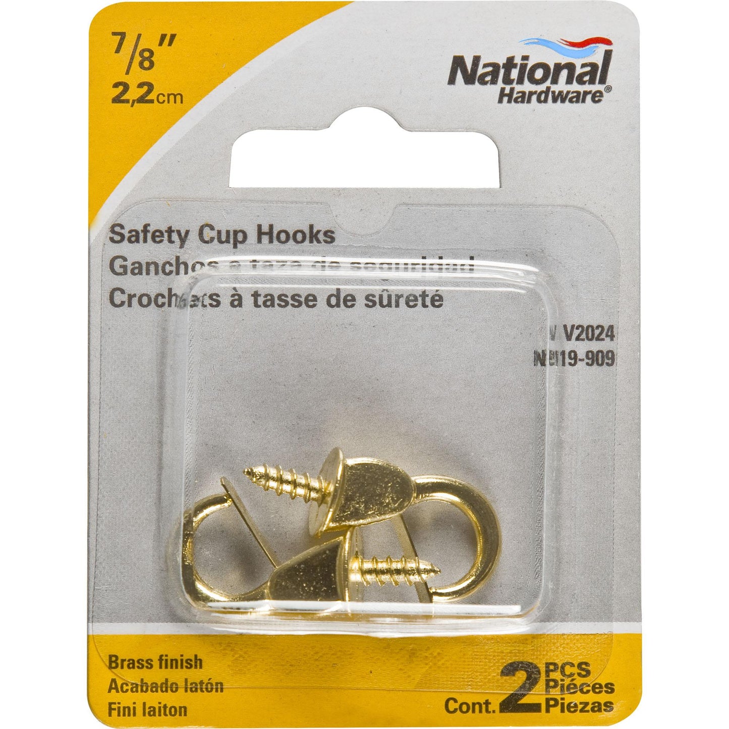 V2024 7/8" Safety Cup Hook 2/pk - Brass