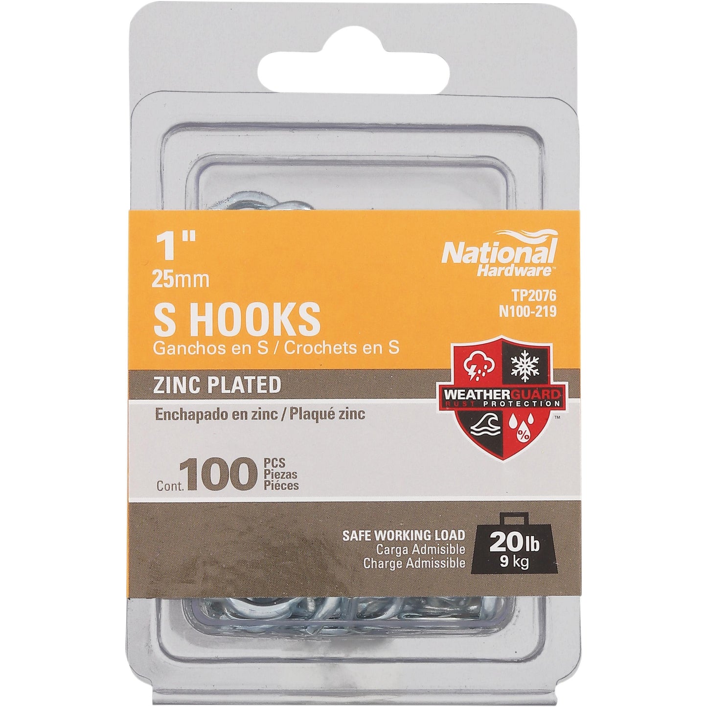 TP2076 1" Open S Hook 100/pk - Zinc Plated